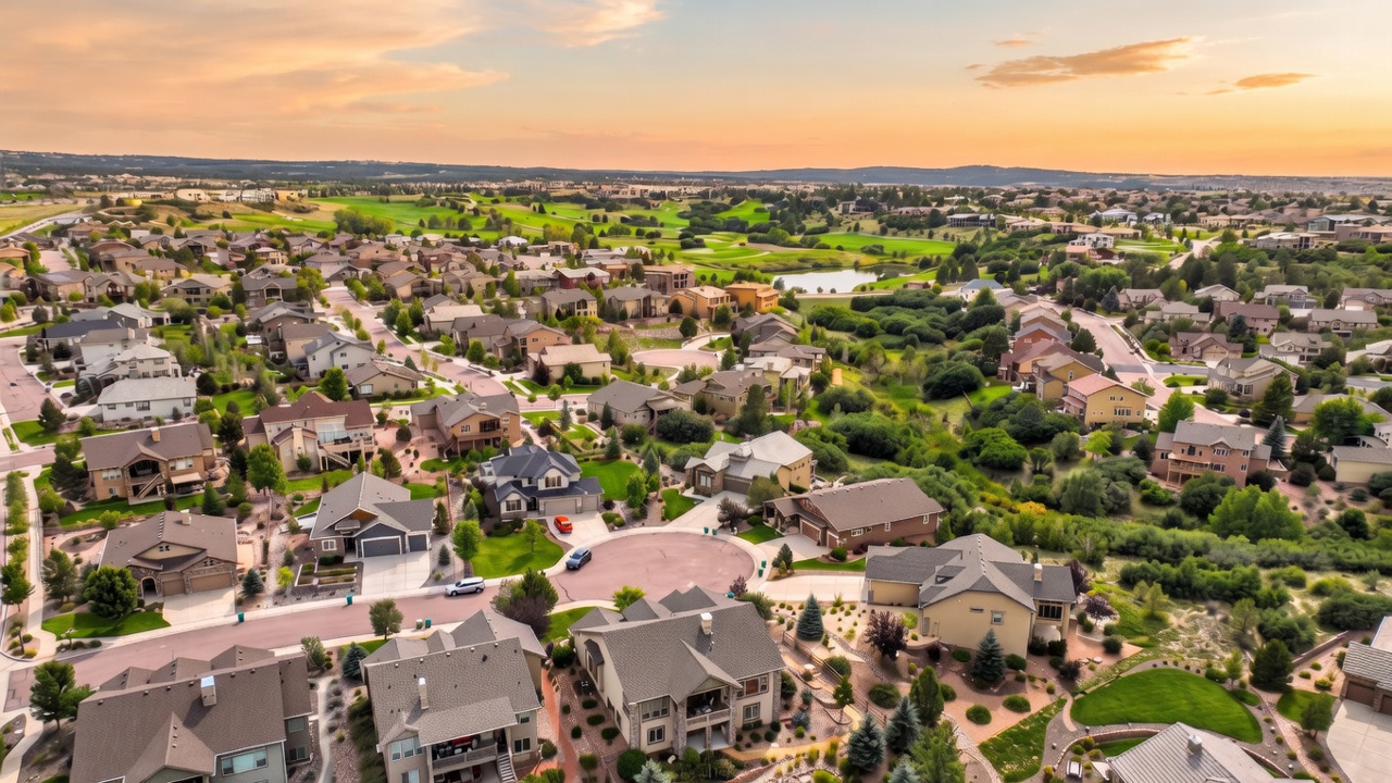 This high-angle aerial view captures a sprawling suburban neighborhood characterized by single-family homes with varied architectural styles and attached garages. The community is integrated into a lush landscape featuring mature trees, manicured lawns, and a scenic golf course with a central pond in the distance. The perspective provides a comprehensive look at the residential layout, cul-de-sacs, and the expansive, open feel of the surrounding environment.