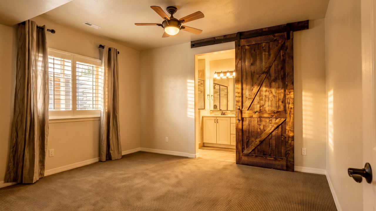 This bedroom features neutral-toned walls and wall-to-wall carpeting, creating a clean and versatile living space. A prominent rustic sliding barn door provides access to an adjoining bathroom, while a ceiling fan and large window with curtains add functional comfort. The perspective is from the doorway, looking across the room toward the bathroom entrance.