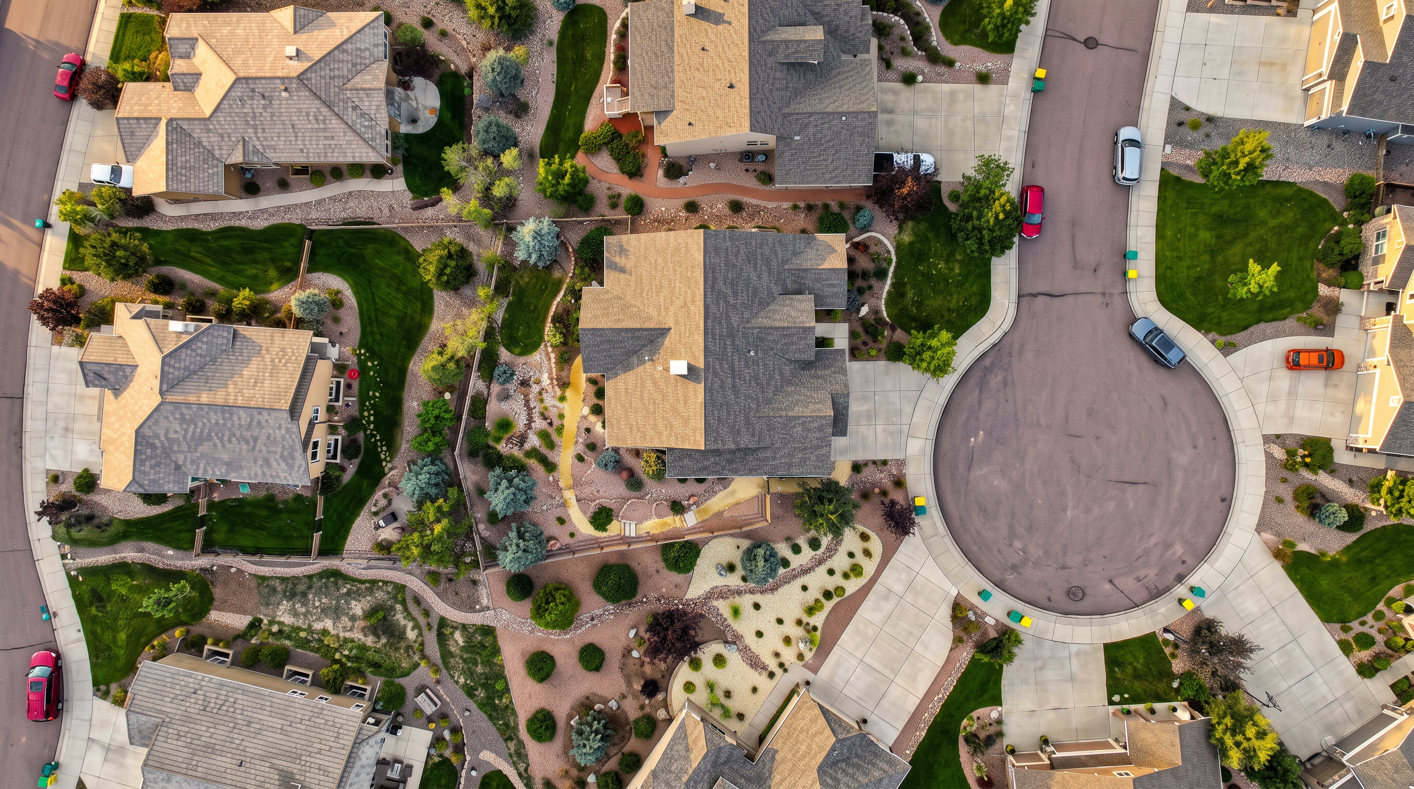 This high-angle aerial view captures a suburban cul-de-sac neighborhood featuring several single-family homes with gray shingled roofs. The central property showcases a meticulously landscaped yard with winding stone pathways, diverse shrubbery, and a mix of lawn and xeriscaped areas. The perspective highlights the layout of the residential street, including driveways, parked vehicles, and the surrounding green spaces.