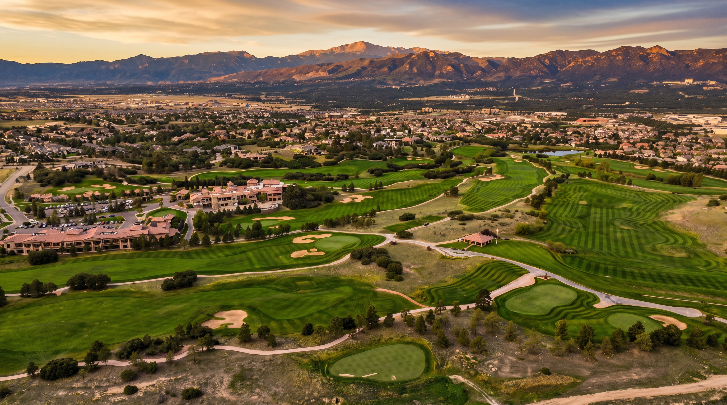 This expansive aerial view captures a sprawling golf course community nestled against a dramatic mountain range backdrop. The scene features meticulously manicured fairways, putting greens, and sand bunkers winding through the landscape, alongside a large clubhouse complex with ample parking. The perspective provides a cinematic overview of the property's integration with the surrounding natural terrain and residential neighborhood.