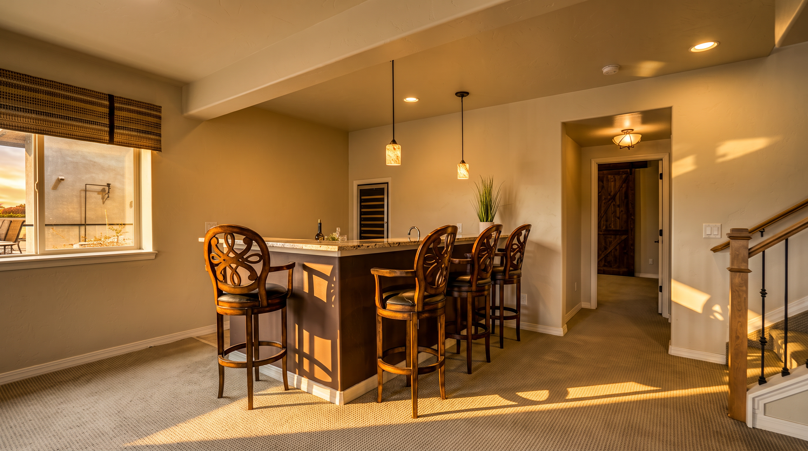 This basement area features a built-in wet bar with a dark base, stone-look countertop, and four ornate wooden bar stools. The space is illuminated by two pendant lights hanging over the bar and recessed lighting, with a small wine refrigerator integrated into the cabinetry. To the right, a carpeted hallway leads toward a doorway with a rustic sliding barn door, while a staircase with a wooden railing ascends to the upper level.