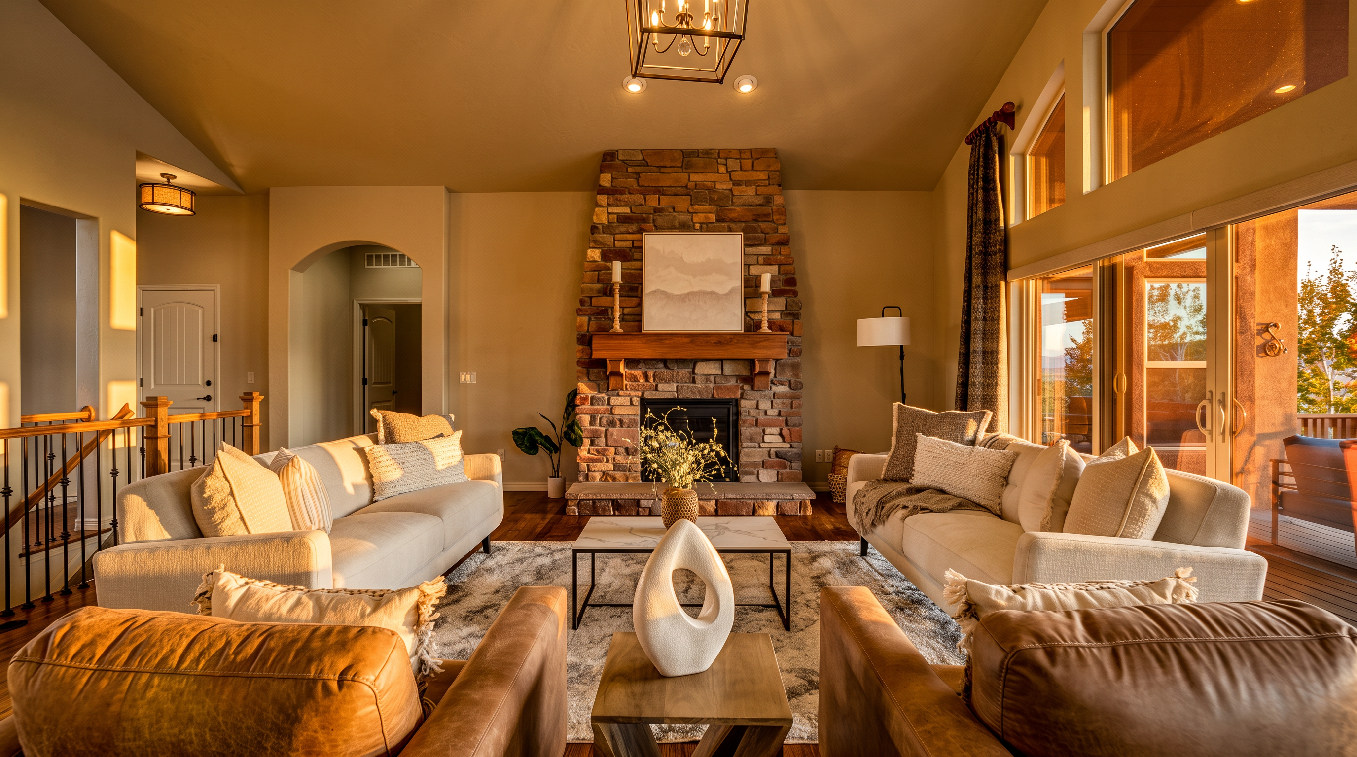 This spacious living room features a prominent stone-clad chimney breast with a wooden mantel as the central focal point. The room is furnished with two white sofas facing each other, complemented by a pair of leather armchairs in the foreground and a central coffee table on a textured area rug. Large windows and a sliding glass door allow for ample natural light, creating an inviting and open atmosphere.