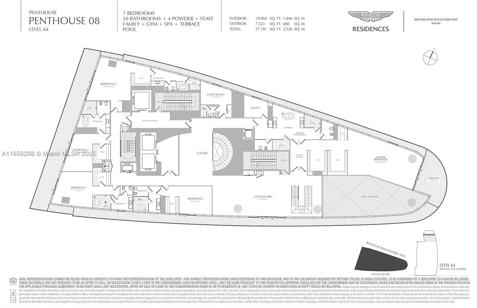 This image showcases a detailed floor plan of a penthouse suite, labeled 'Penthouse 08' on Level 64. The layout includes 7 bedrooms, 10 bathrooms, a family area, gym, spa, terrace, and pool, with clearly marked rooms such as bedrooms, guest room, sauna, gallery, and lounge area. The floor plan also provides interior and exterior square footage measurements.