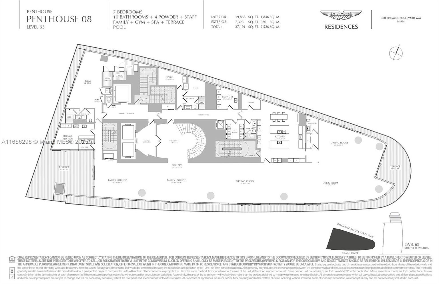 This image showcases a detailed floor plan of Penthouse 08, Level 63, featuring 7 bedrooms, 10 bathrooms, and multiple living spaces including family lounges, a gym & spa, and terraces. The layout highlights the interior and exterior square footage, providing a comprehensive view of the residence's design and spatial arrangement.