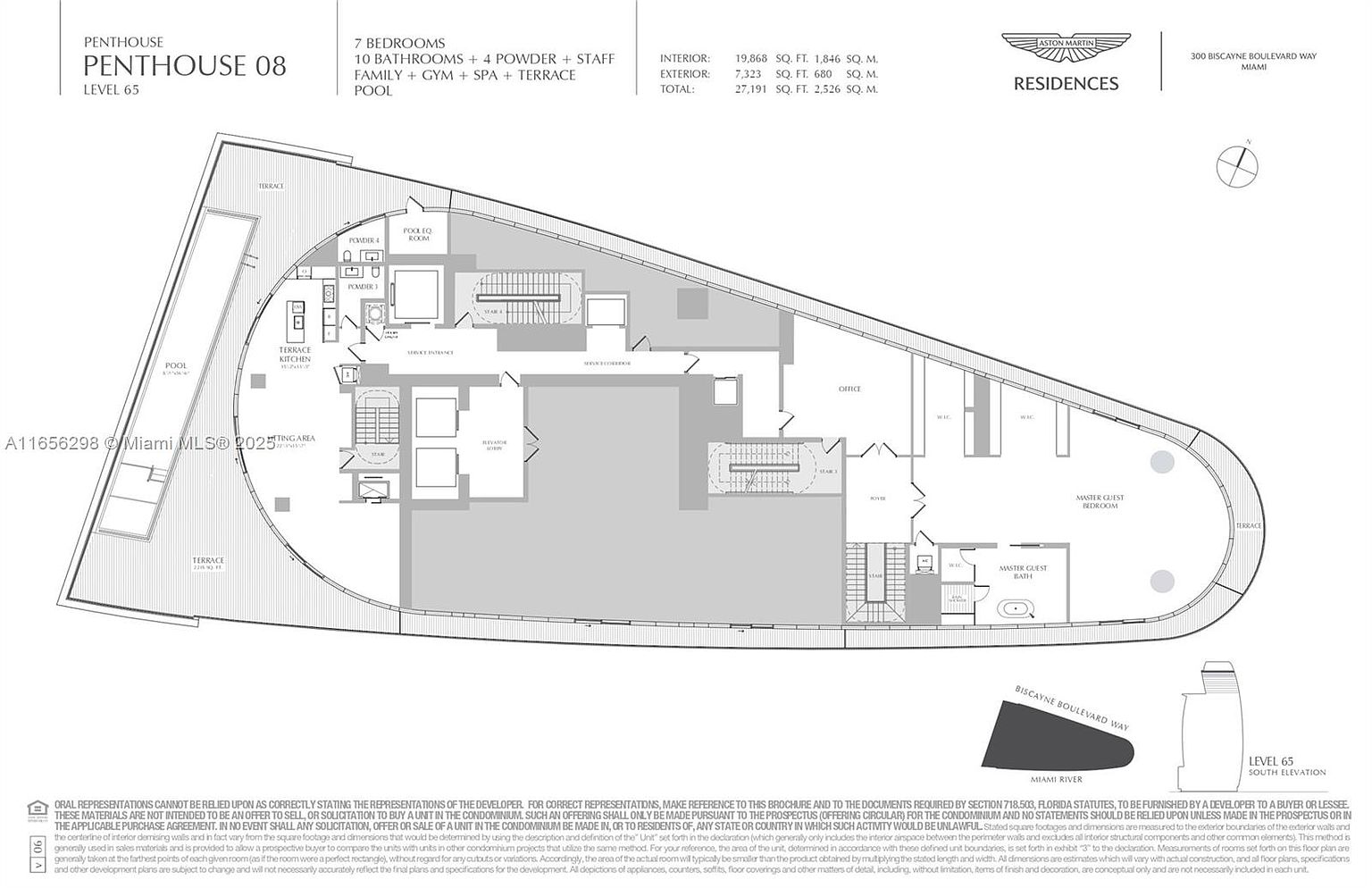This image showcases a detailed floor plan of Penthouse 08, Level 65, featuring 7 bedrooms, 10 bathrooms, and multiple amenities including a family area, gym, spa, terrace, and pool. The layout highlights the interior and exterior dimensions, providing a comprehensive overview of the penthouse's design and spatial arrangement, with a focus on luxury living and expansive terraces.