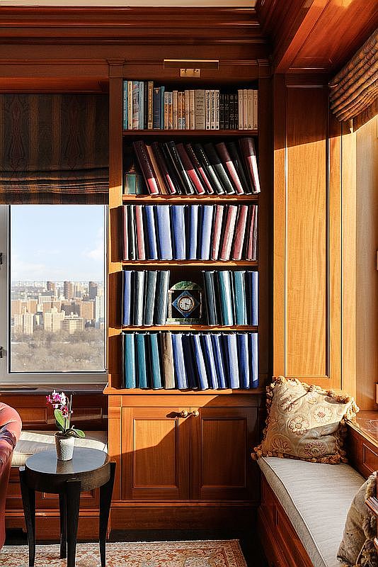 This elegant study features rich, warm-toned wood paneling and built-in shelving filled with a curated collection of books. A cozy window seat with a decorative pillow offers a scenic view of the city skyline, while a small side table holds a delicate orchid, creating a sophisticated and tranquil atmosphere. The warm, natural light streaming through the window highlights the craftsmanship of the woodwork, making it an ideal space for reading or quiet work.