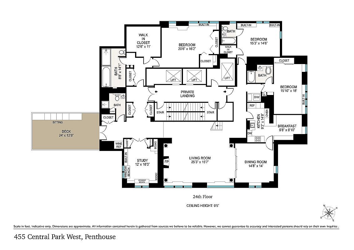 This image is a detailed architectural floor plan for the 24th-floor penthouse at 455 Central Park West. The layout showcases a spacious, multi-room residence featuring a large living room, formal dining room, study, multiple bedrooms with en-suite bathrooms, and a private deck. The schematic provides a clear top-down perspective of the home's flow, including staircases, lift access, and built-in storage areas.