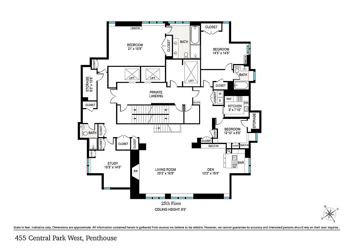 This image is a detailed 2D floor plan of a luxury penthouse located on the 25th floor of 455 Central Park West. The layout features multiple bedrooms, bathrooms, a study, a living room, a den, and a kitchen, all organized around a central private landing with elevator access. The architectural drawing provides a clear, top-down perspective of the expansive living space, highlighting the flow between rooms and the inclusion of various built-in storage areas.