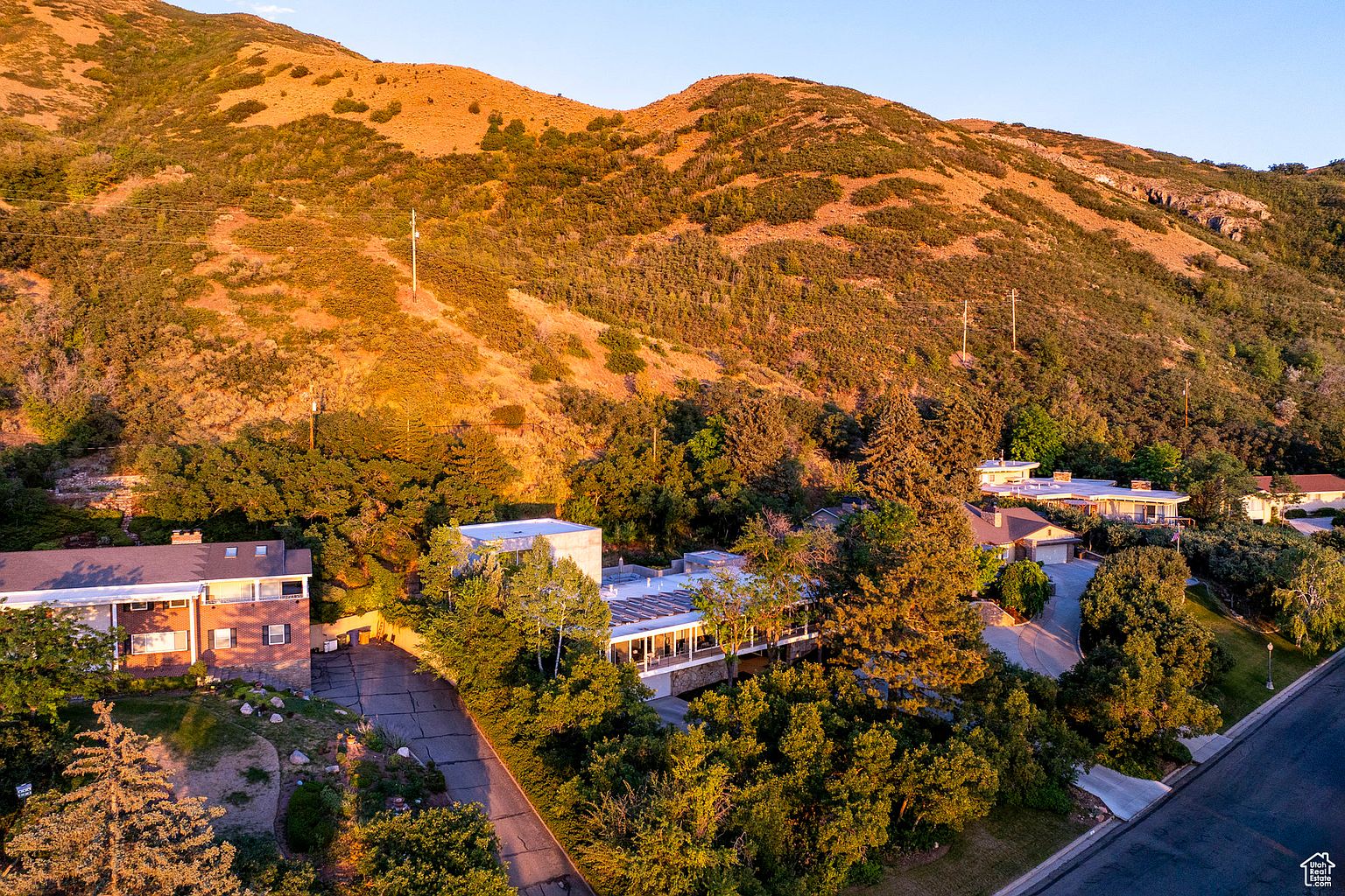 This aerial shot showcases a collection of well-maintained homes nestled amidst lush greenery and a backdrop of rolling hills. The properties feature a mix of architectural styles, with mature trees providing shade and privacy. The overall impression is one of a peaceful and upscale residential neighborhood.