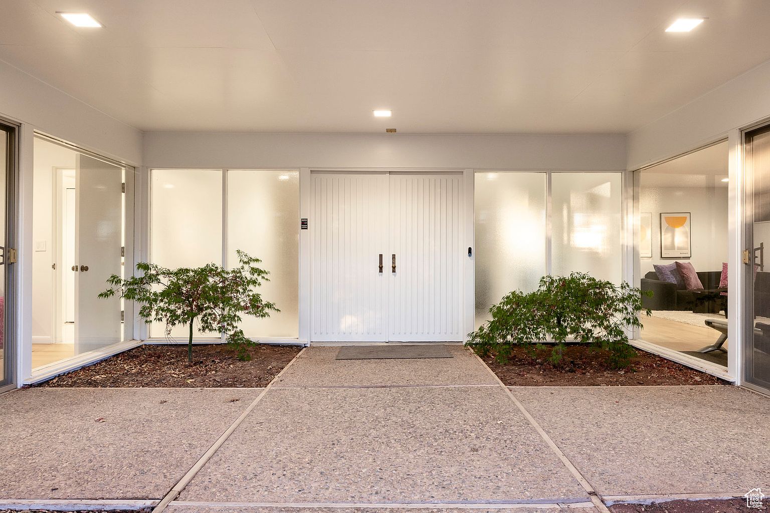 This image showcases a modern home's entryway, featuring a double-door entrance flanked by frosted glass panels and small, well-maintained trees. The walkway is made of concrete slabs, leading to the entrance. The overall impression is clean, minimalist, and inviting, highlighting the home's contemporary design.