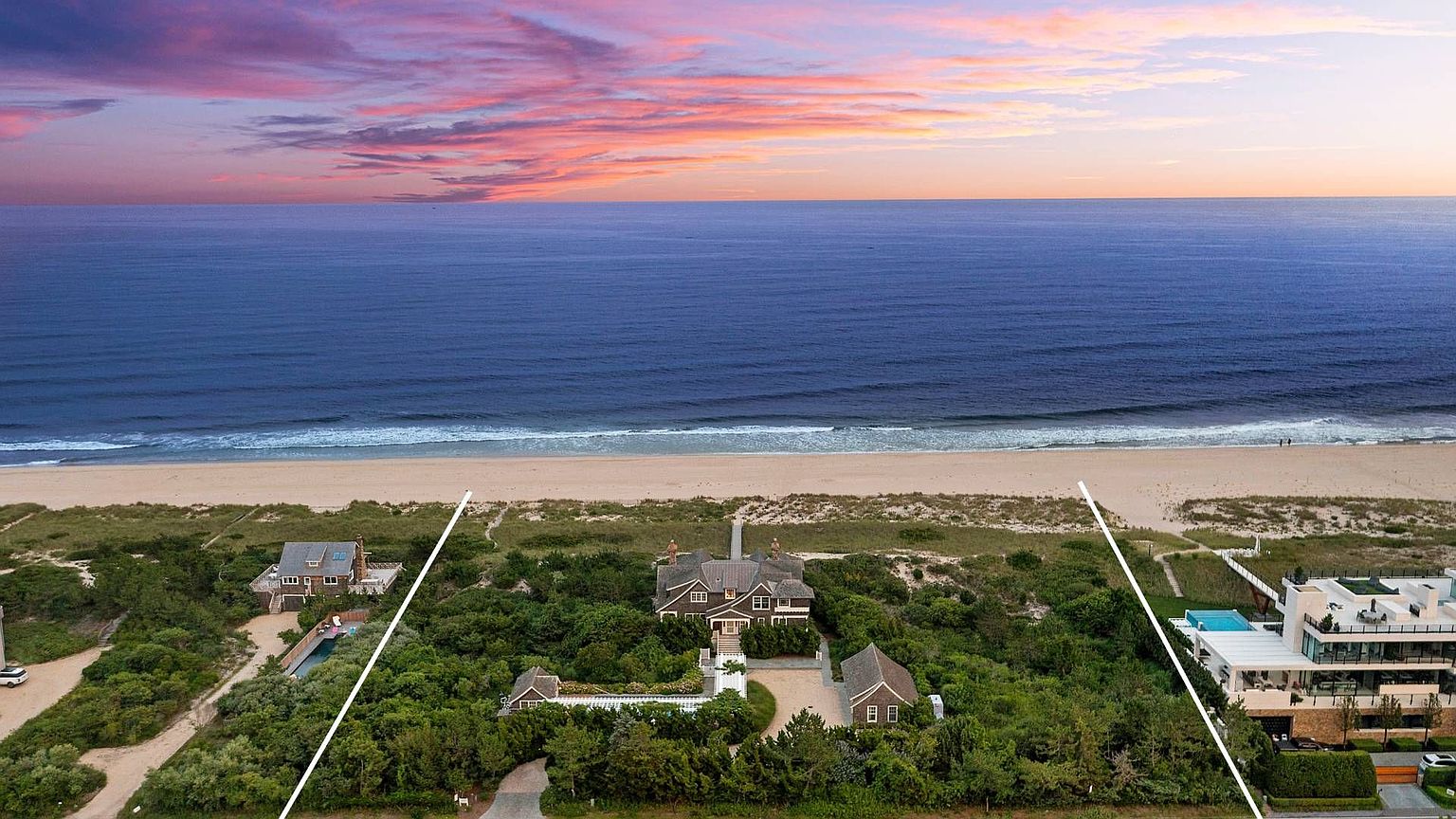This aerial view showcases a luxurious beachfront property with a sprawling main house, guest house, and a pool. The property is surrounded by lush greenery, providing privacy and a serene atmosphere. The view extends to the ocean, highlighting the property's prime location and offering a sense of exclusivity and tranquility.