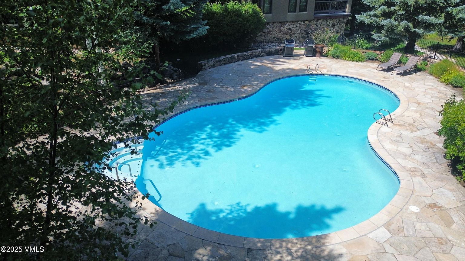 This is an aerial view of a kidney-shaped swimming pool surrounded by a stone patio. The pool is filled with clear blue water, reflecting the sky and surrounding trees. Lounge chairs are placed near the pool, and a grill is visible in the background, suggesting an outdoor entertainment area.