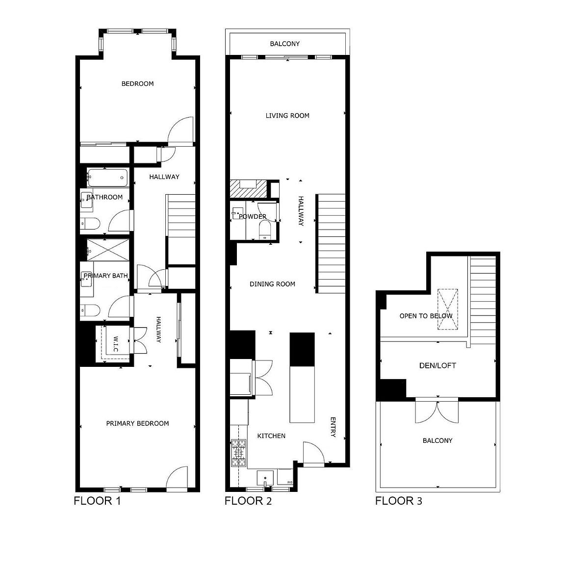 This image displays a comprehensive three-level floor plan for a residential property, illustrating the layout of each floor from a top-down architectural perspective. The plan details the placement of bedrooms, bathrooms, living areas, kitchen, and balconies, providing a clear spatial understanding of the home's flow and design. It is a technical schematic used to convey the structural organization and room distribution of the residence.
