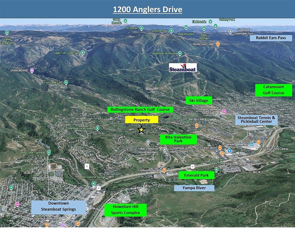 This aerial view showcases the property's location within the Steamboat Springs area, highlighting its proximity to Rollingstone Ranch Golf Course, Rita Valentine Park, and downtown Steamboat Springs. The image also provides context to the surrounding landscape, including the Yampa River, Steamboat Ski Resort, and various mountain peaks, offering a sense of the property's setting and recreational opportunities.