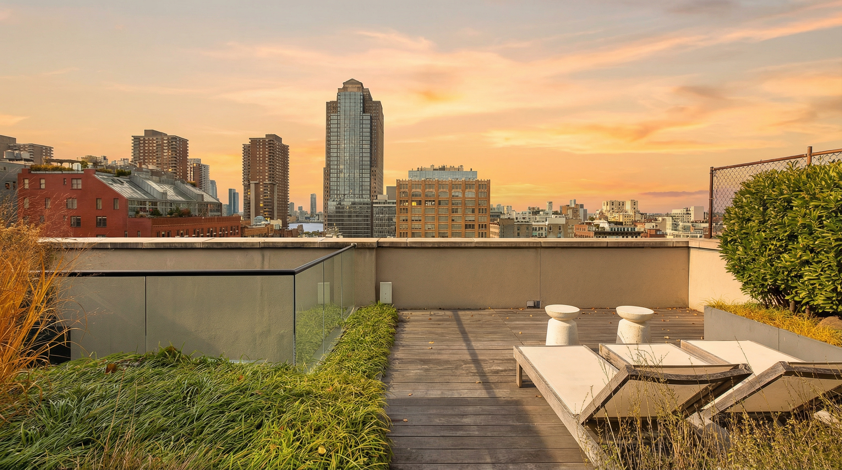 This image showcases a stylish rooftop deck with modern lounge chairs and small side tables, set against a stunning cityscape backdrop under a partly cloudy sky. The deck features wooden flooring and integrated greenery, creating a serene and luxurious outdoor living space. The view includes several high-rise buildings, adding to the urban appeal.