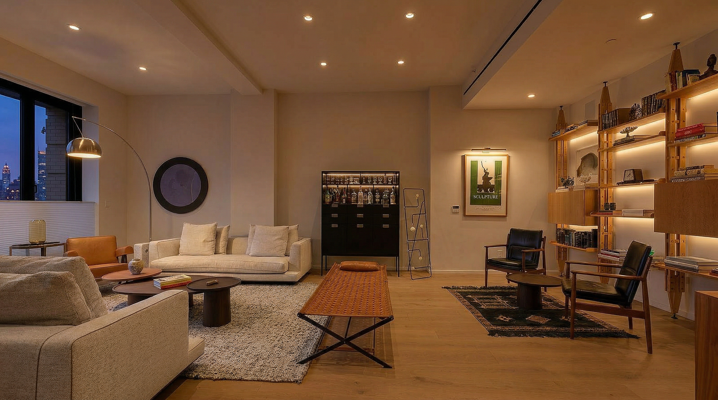 This spacious and sophisticated living room features an open-concept design with refined mid-century modern influences and warm, ambient lighting. Key highlights include an expansive shelving unit with integrated LED lighting, plush light-toned seating, and rich leather accents, all anchored by natural hardwood floors and a view of the city skyline.