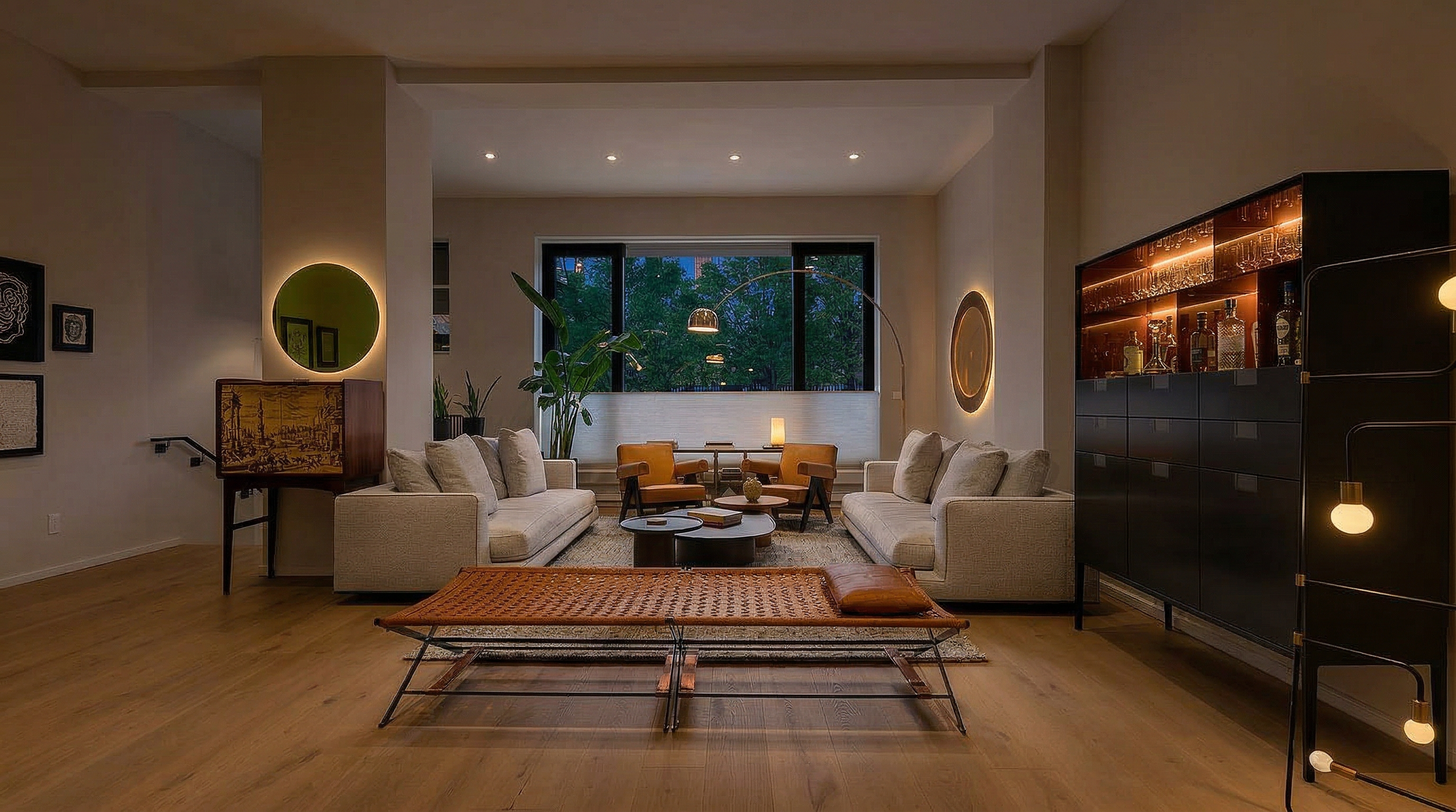 This sophisticated and spacious living room features a symmetrical layout with light-colored sofas facing each other and two mid-century modern accent chairs positioned near the large window. The room is enriched with a warm, ambient lighting scheme, including integrated wall sconces and a stylish bar cabinet, all set against elegant hardwood floors. It presents a refined, contemporary aesthetic perfect for comfortable entertaining.
