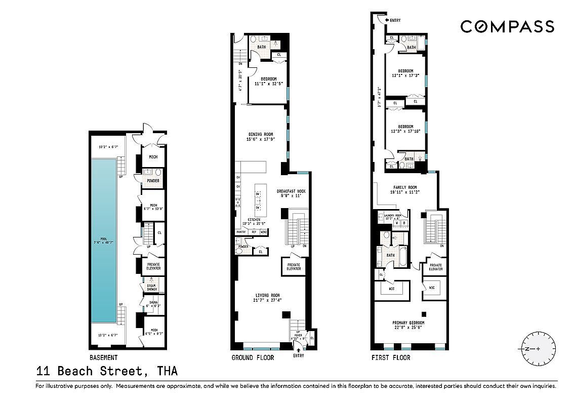 This image showcases a detailed floor plan of a multi-story residence, including the basement, ground floor, and first floor. The layout highlights the arrangement of rooms such as bedrooms, living room, kitchen, dining room, and bathrooms, along with features like a private elevator and a pool in the basement. The floor plan provides a comprehensive overview of the property's spatial organization and dimensions.