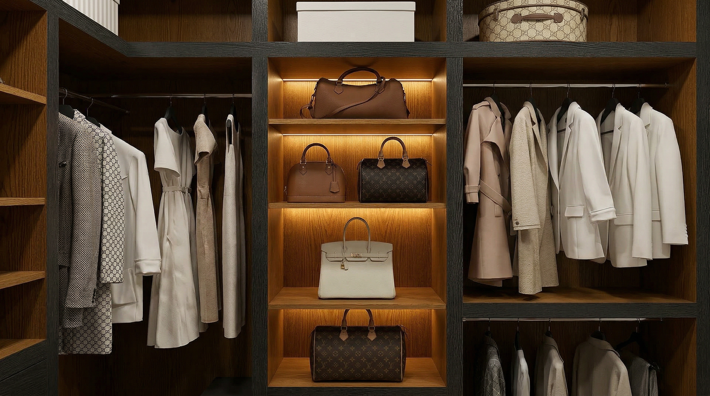 This is a well-organized walk-in closet featuring custom shelving and drawers in a dark gray finish with wood interiors. The closet is filled with clothing, handbags, and accessories, showcasing ample storage space. The light wood flooring and strategic lighting create a luxurious and functional space.