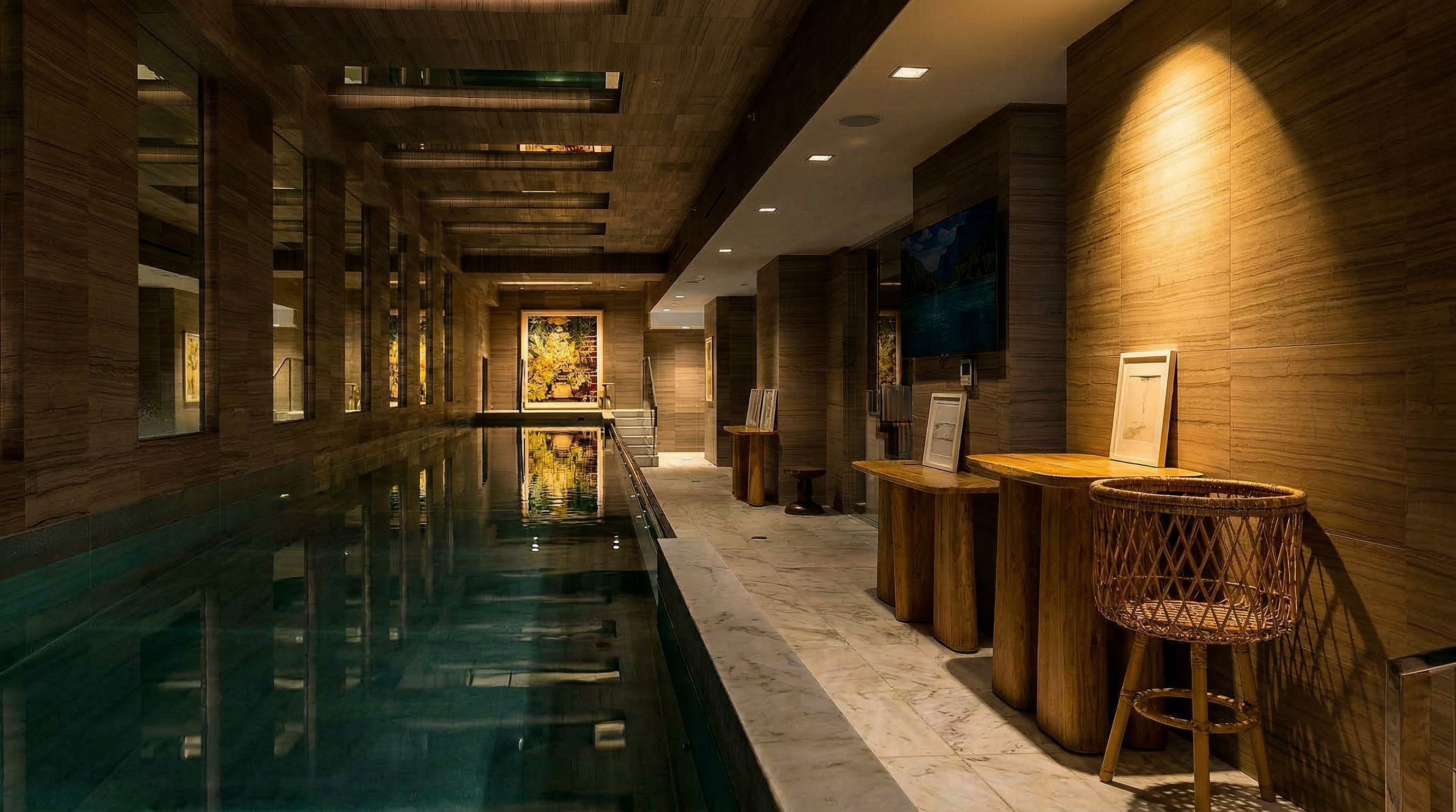 This luxurious indoor lap pool area features a sophisticated design with warm-toned wood paneled walls, a marble-tiled deck, and recessed lighting that creates an inviting, serene atmosphere. The facility includes unique architectural accents like rustic wooden console tables, decorative framed art, and a woven chair, enhancing its high-end, resort-like appeal. The elongated pool design and reflective surfaces make it a stunning and tranquil space perfect for upscale living.