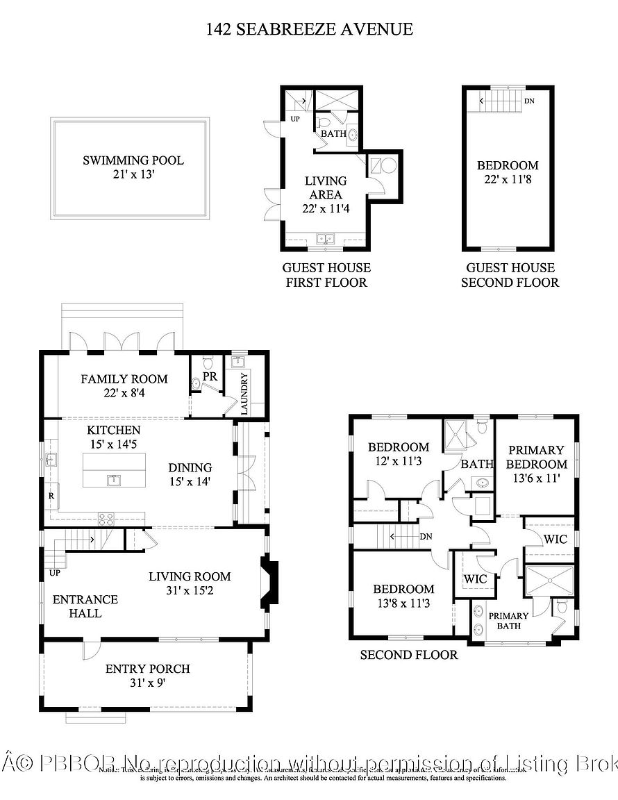 This image presents a detailed floor plan of a property located at 142 Seabreeze Avenue, including the main house and a guest house. The floor plan includes dimensions for each room, such as the living room, bedrooms, kitchen, and even the swimming pool. The layout provides a comprehensive view of the property's structure and spatial arrangement.