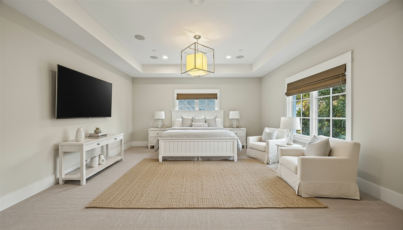 This is a spacious primary bedroom with a neutral color palette and a focus on natural light. The room features a large bed with white frame, two armchairs, and a console table with a large TV mounted on the wall. A substantial rug anchors the space, contributing to a relaxing and luxurious atmosphere.