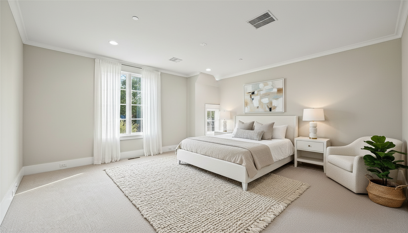 This is a bright and airy primary bedroom featuring neutral tones and natural light. The room includes a white bed frame, bedside table with a lamp, and a comfortable armchair. A large window with sheer curtains provides ample light, while a textured rug adds warmth to the space.