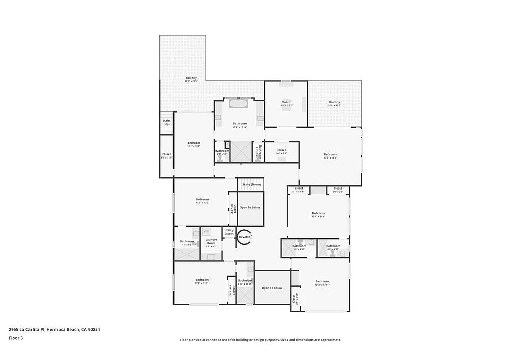 This image is a detailed 2D floor plan for the third floor of a residential property located at 2965 La Carlita Pl, Hermosa Beach, CA. The layout features multiple bedrooms, several bathrooms, laundry facilities, an elevator, and two balconies, with areas marked as 'Open To Below' indicating a multi-level architectural design. The schematic provides a clear top-down perspective of the spatial arrangement and room dimensions for the entire level.