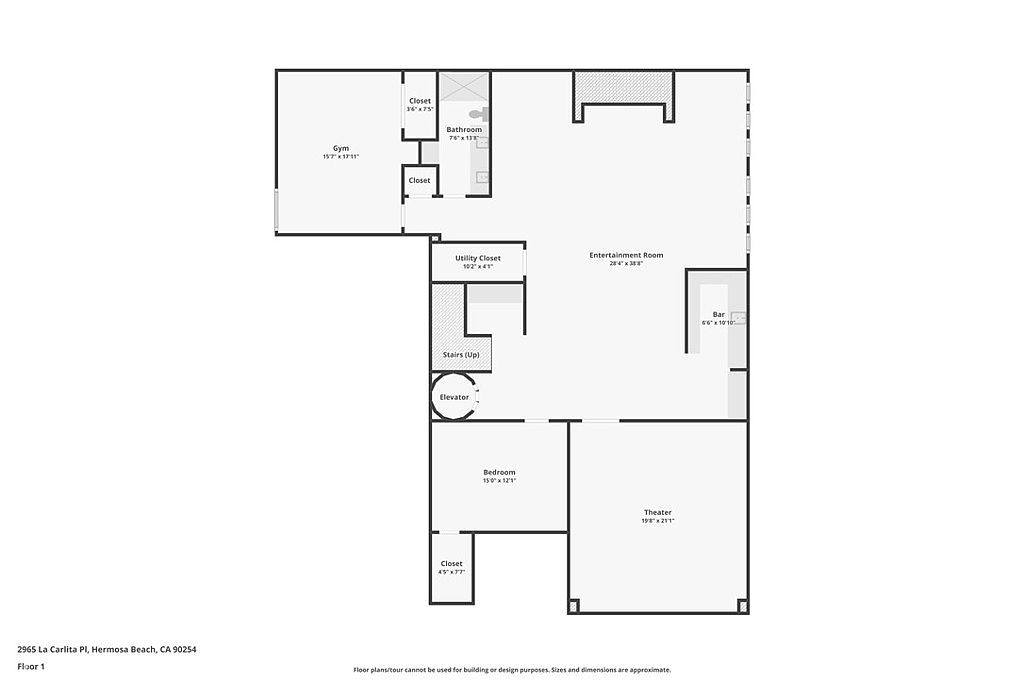 This image is a 2D floor plan for the first level of a residential property located at 2965 La Carlita Pl, Hermosa Beach, CA. The layout includes a gym, a bathroom, an entertainment room with a bar, a bedroom with a closet, a theater, and central circulation areas featuring stairs and an elevator. The diagram provides a clear, top-down architectural overview of the floor's spatial organization and room dimensions.