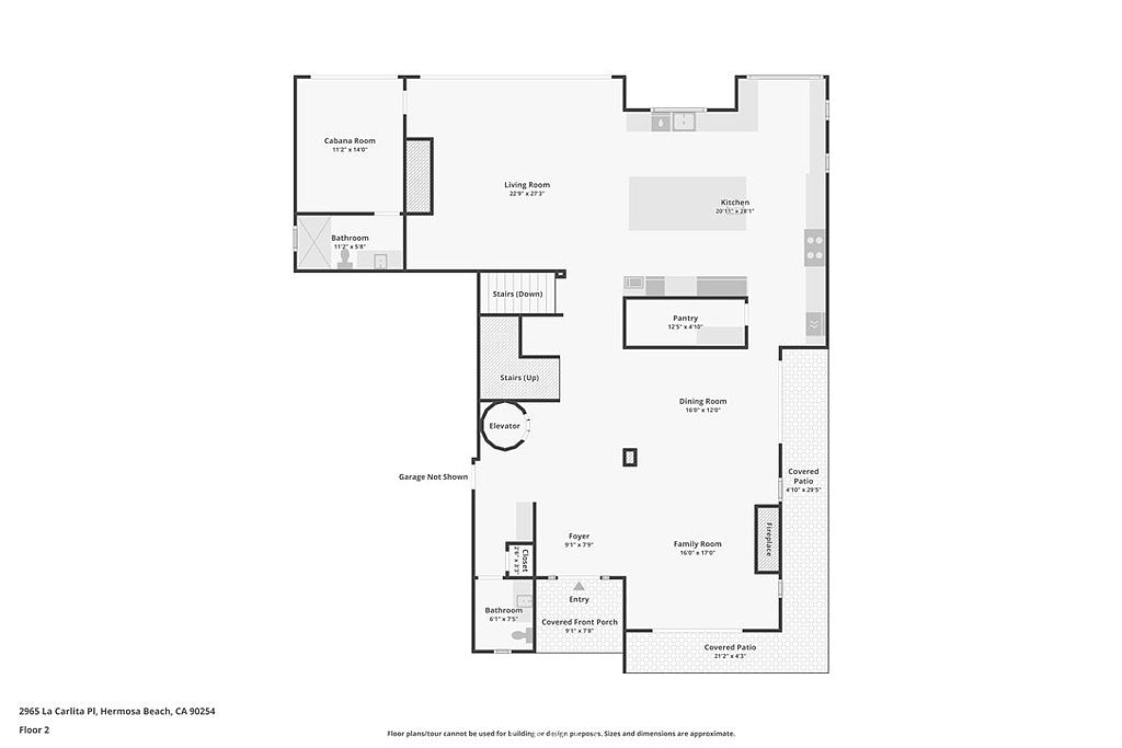 This image is a detailed 2D floor plan for the second level of a residential property located at 2965 La Carlita Pl, Hermosa Beach, CA. The layout features an open-concept living room and kitchen, a dining room, a family room with a fireplace, and multiple outdoor patio spaces. It also includes an elevator, staircases, a pantry, a cabana room, and two bathrooms, providing a comprehensive overview of the home's spatial flow.
