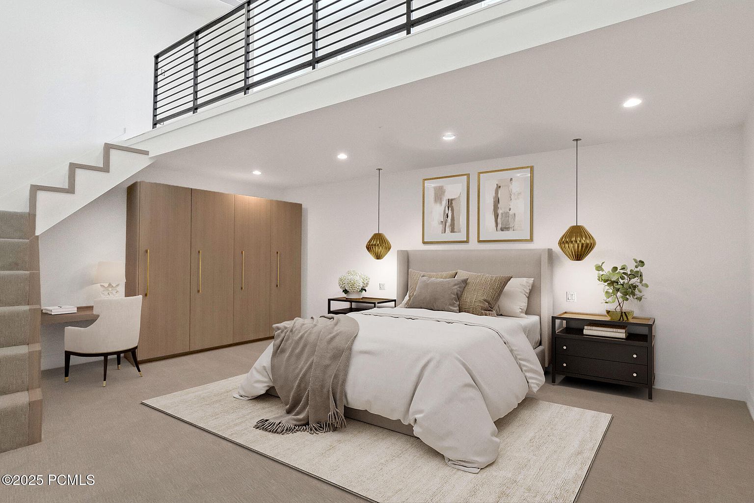 This is a primary bedroom featuring a neutral color palette with a large bed as the focal point, complemented by matching nightstands and pendant lighting. The room includes a built-in wardrobe and a small desk area under the stairs, maximizing space. The overall impression is serene and well-organized, ideal for relaxation.