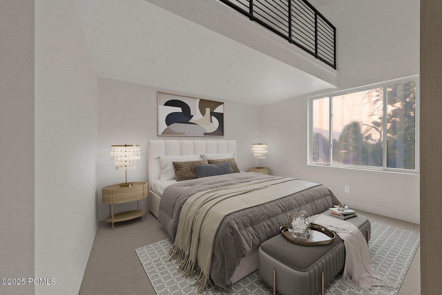 This is a well-lit primary bedroom featuring a large bed with a padded headboard, neutral-toned bedding, and a gray throw blanket. Two matching bedside tables with lamps flank the bed, and a modern abstract painting hangs above the headboard. A window provides natural light, and a gray ottoman sits at the foot of the bed, adding a touch of elegance.