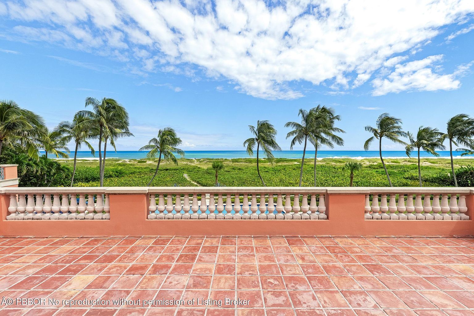 This image showcases a spacious patio or balcony with red tile flooring and a decorative balustrade. The view extends to a lush green landscape with palm trees, leading to a serene ocean under a partly cloudy sky. The scene evokes a sense of luxury and relaxation, highlighting the property's outdoor living space and scenic views.