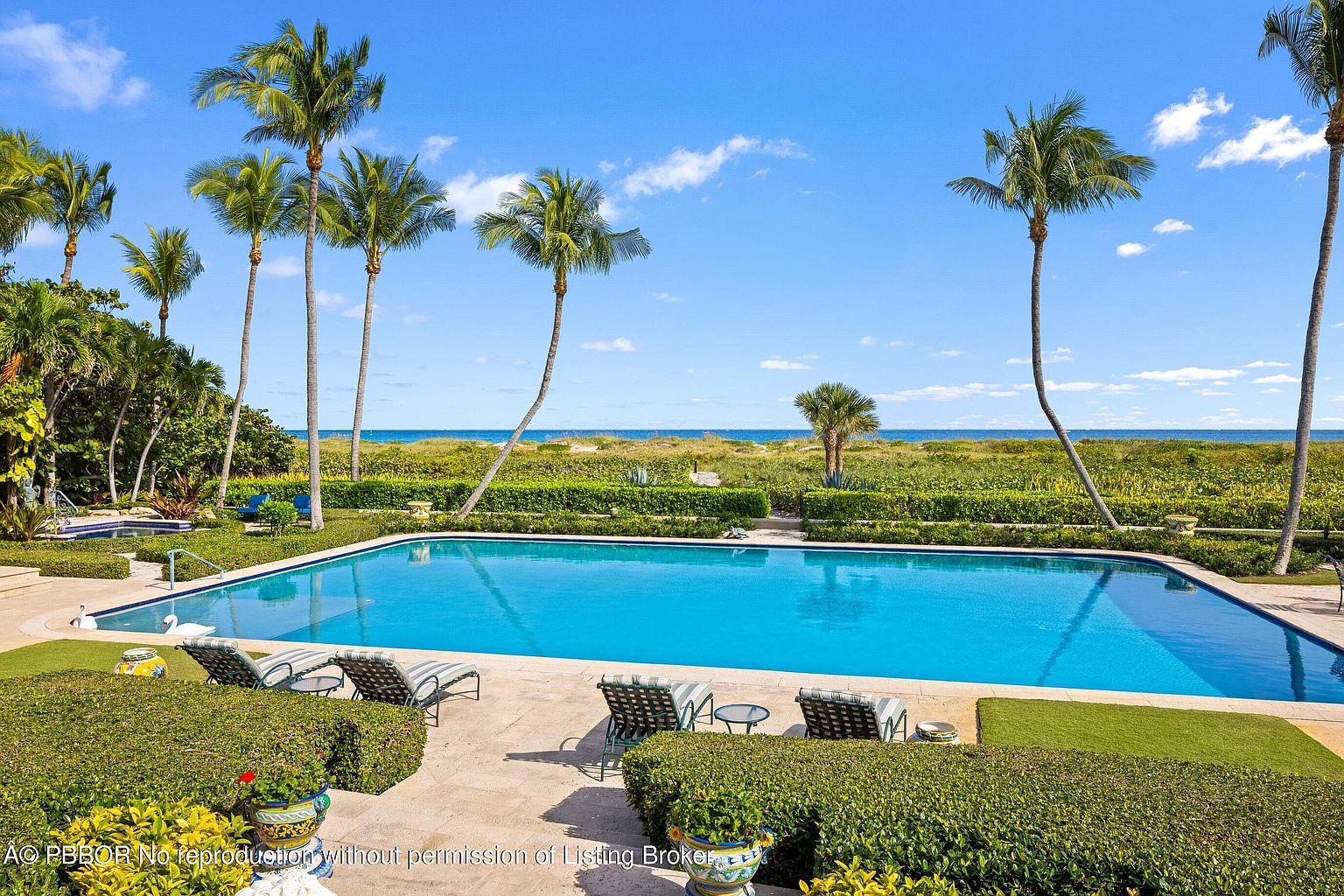 This image showcases a luxurious outdoor pool area with a stunning ocean view. The pool is surrounded by well-manicured greenery, palm trees, and lounge chairs, creating a serene and private oasis. The clear blue water of the pool contrasts beautifully with the ocean backdrop, enhancing the property's appeal.