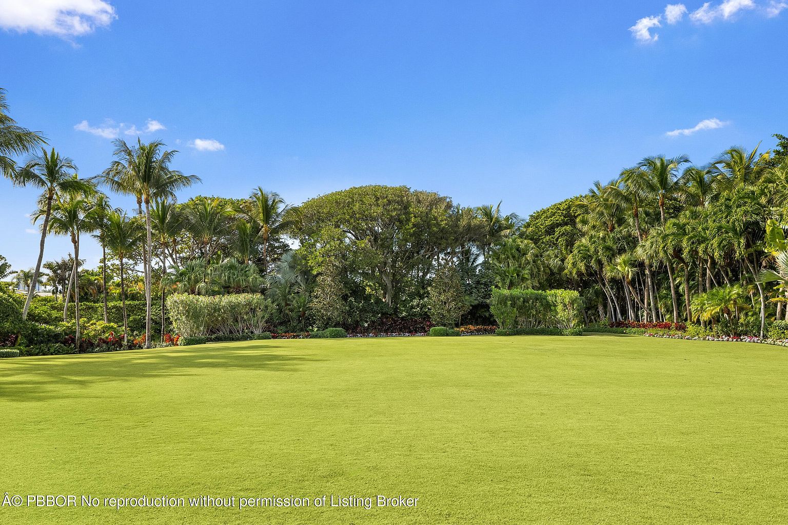 This image showcases a meticulously maintained yard or garden, featuring a vast expanse of lush green lawn. The perimeter is lined with mature trees and manicured shrubbery, creating a sense of privacy and tranquility. The clear blue sky above enhances the overall appeal, suggesting a serene and inviting outdoor space.