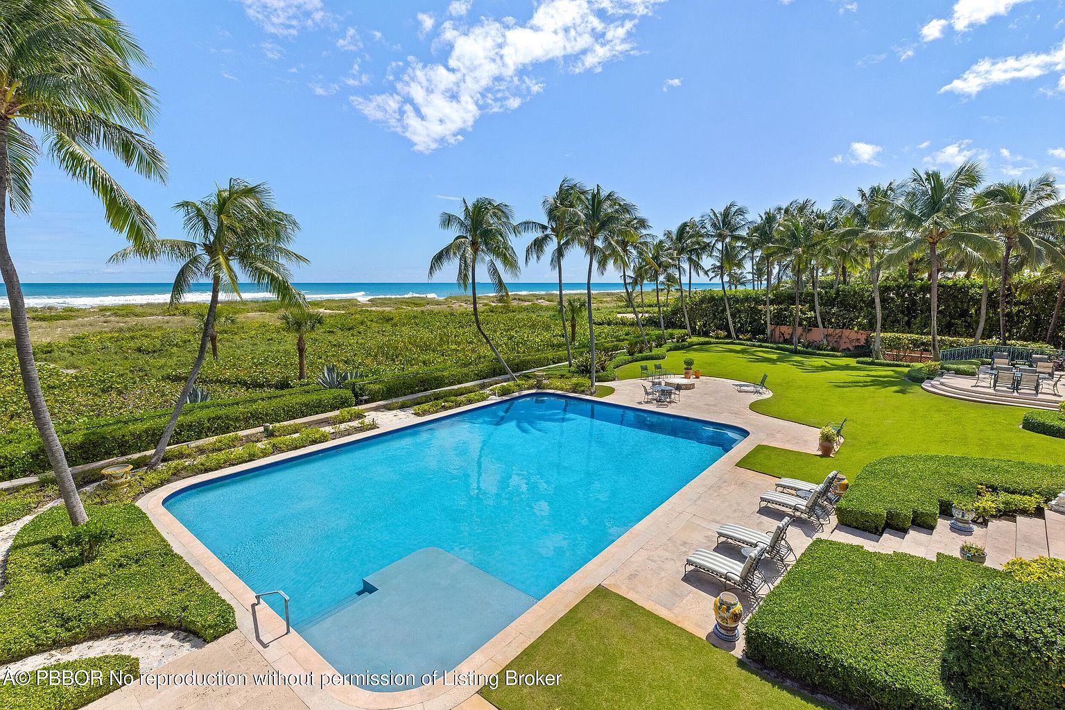 This is an aerial view of a luxurious backyard featuring a large rectangular pool with clear blue water, surrounded by a stone patio and lush green lawn. Palm trees line the perimeter, offering privacy and a tropical feel, while the ocean is visible in the background. The scene evokes a sense of relaxation and high-end living.