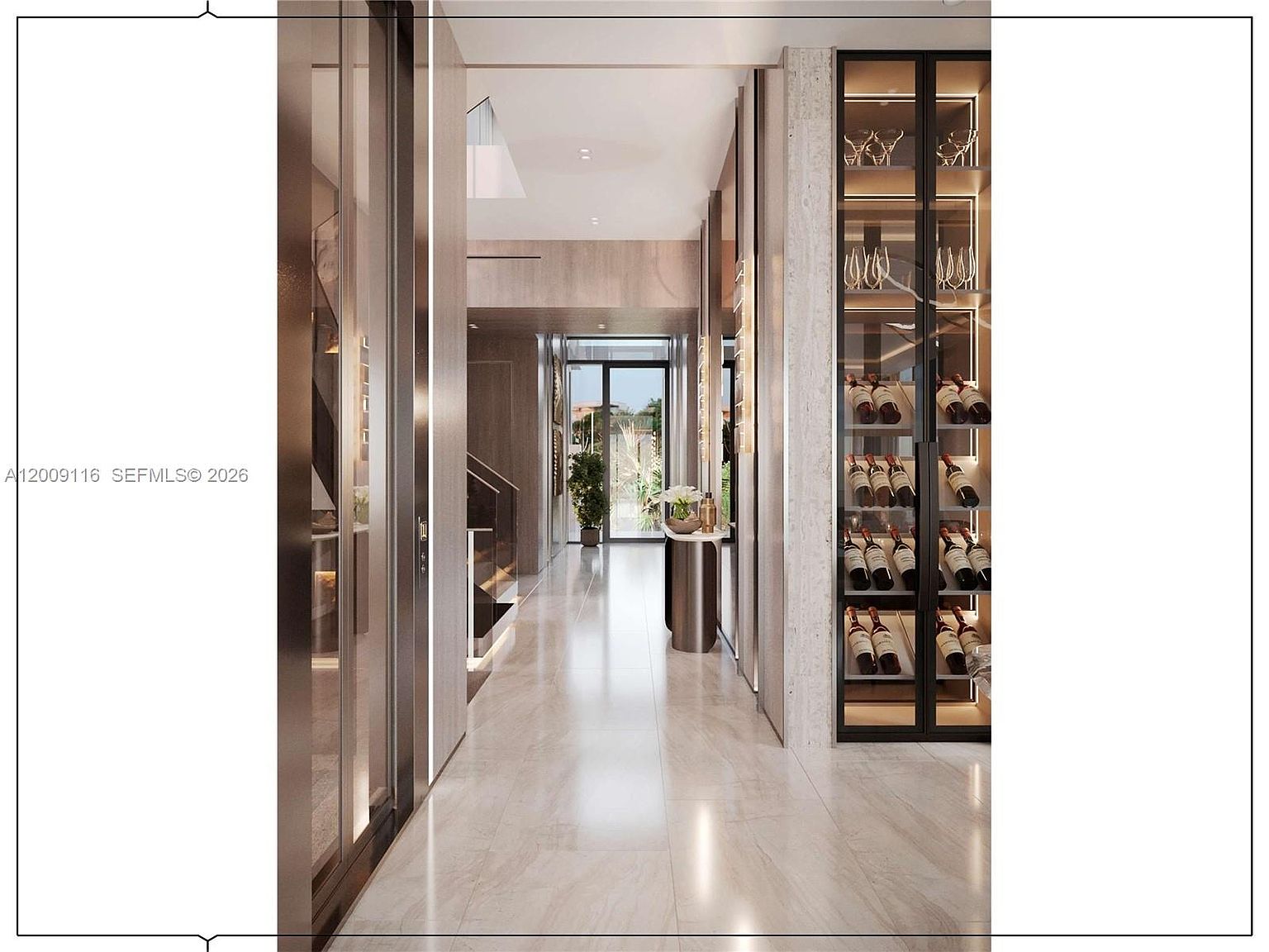 This sophisticated hallway features polished light-toned stone flooring and a sleek, modern aesthetic. To the right, a tall, glass-enclosed wine display with integrated lighting serves as a striking focal point, while the left side showcases a mirrored wall that enhances the sense of depth. The perspective leads the eye down the corridor toward a bright glass door at the end, highlighting the clean lines and high-end finishes of the space.