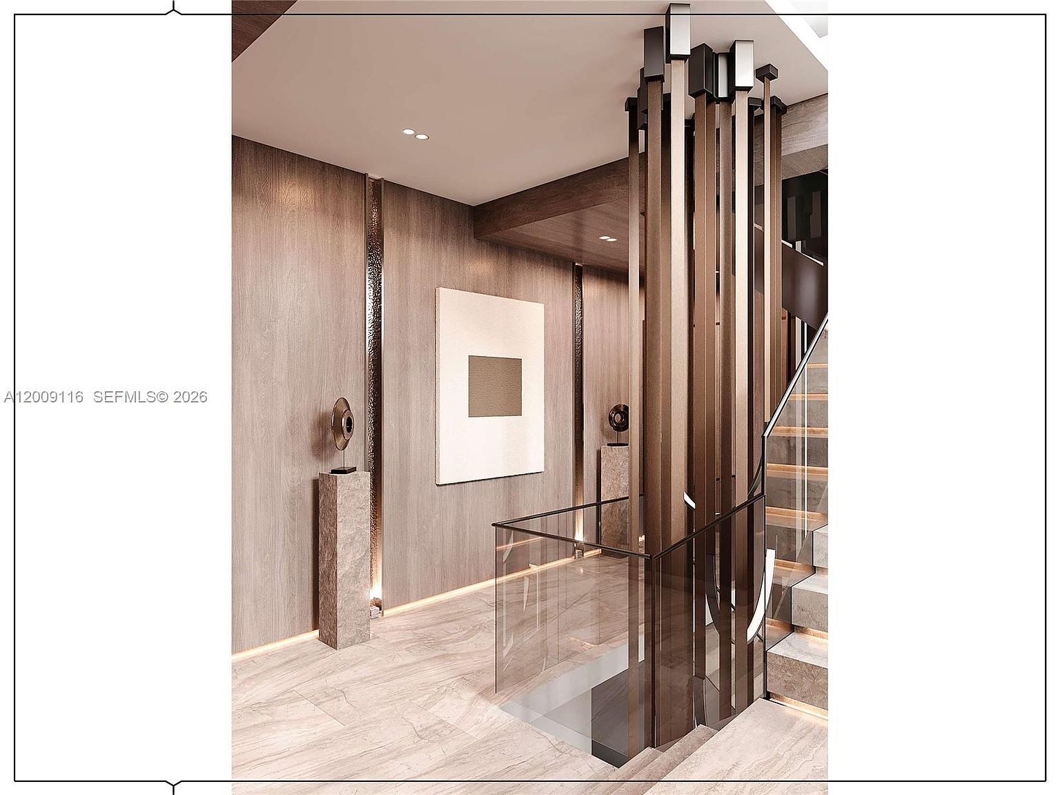 This sophisticated interior space features a dramatic staircase accented by a series of vertical, dark-toned metal pillars that extend from the floor to the ceiling. The walls are finished in warm-toned wood paneling, complemented by a minimalist square art piece and a sculptural decorative object on a stone pedestal. The perspective captures the transition between the landing and the stairs, highlighting the clean lines, glass railings, and modern architectural aesthetic.