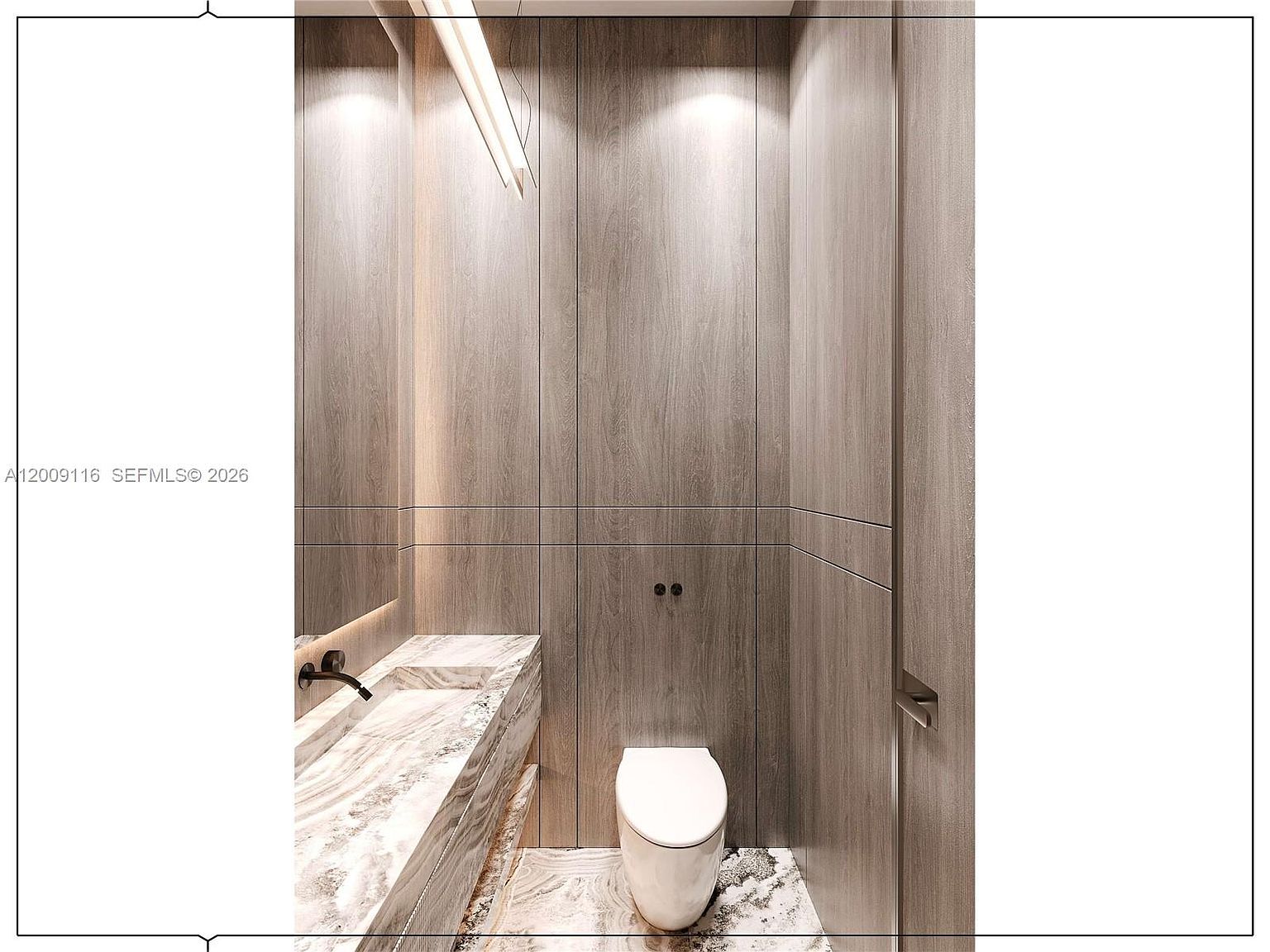 This modern powder room features a minimalist aesthetic with wood-paneled walls and a striking stone vanity. A wall-mounted toilet is positioned against the back wall, complemented by a sleek, dark faucet and integrated lighting. The space is designed with clean lines and a sophisticated, contemporary palette.