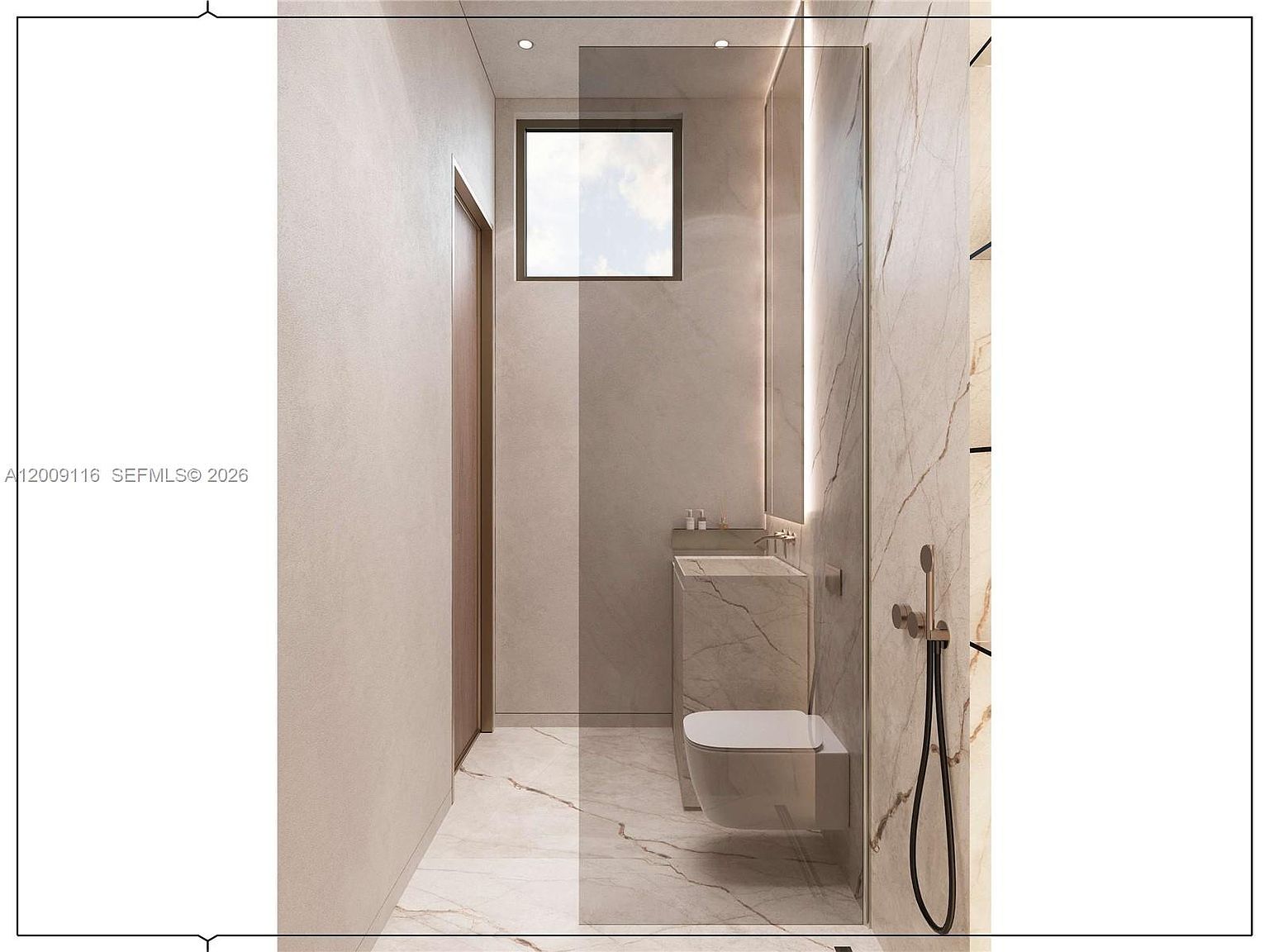 This modern, minimalist bathroom features a sleek wall-mounted toilet and a stone-clad vanity unit. A large, frameless glass partition separates the shower area, while a tall, narrow window provides natural light. The space is finished with light-toned stone surfaces, creating a clean, sophisticated, and contemporary aesthetic.