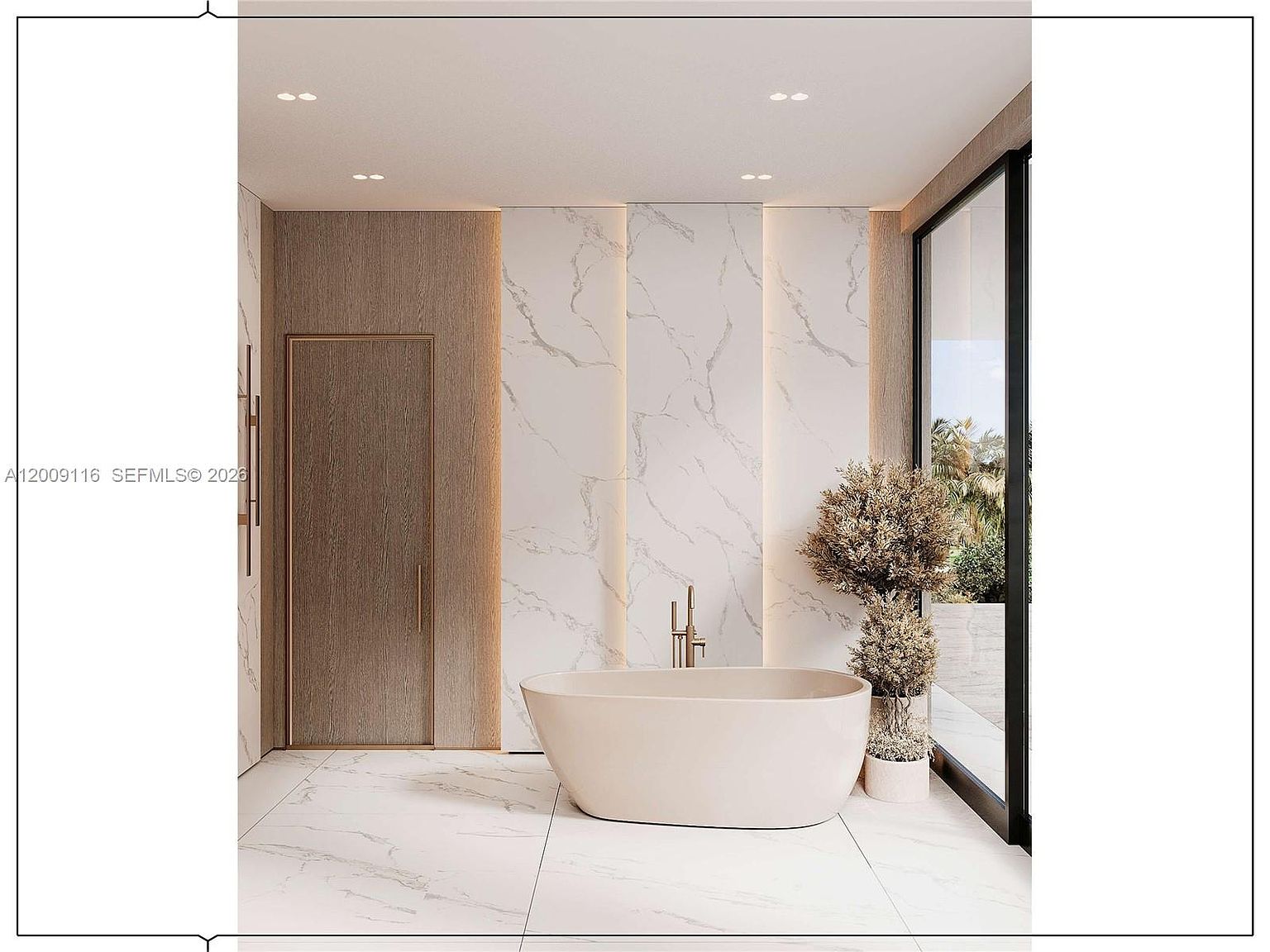 This luxurious primary bathroom features a freestanding soaking tub centered against a dramatic wall with a full-height stone surround and integrated accent lighting. To the left, a flush-mounted door with a light wood finish blends seamlessly into the wall, while a large window on the right provides natural light and a view of the outdoors. The space is finished with large-format light-colored stone flooring and a potted plant, creating a serene and high-end spa-like atmosphere.