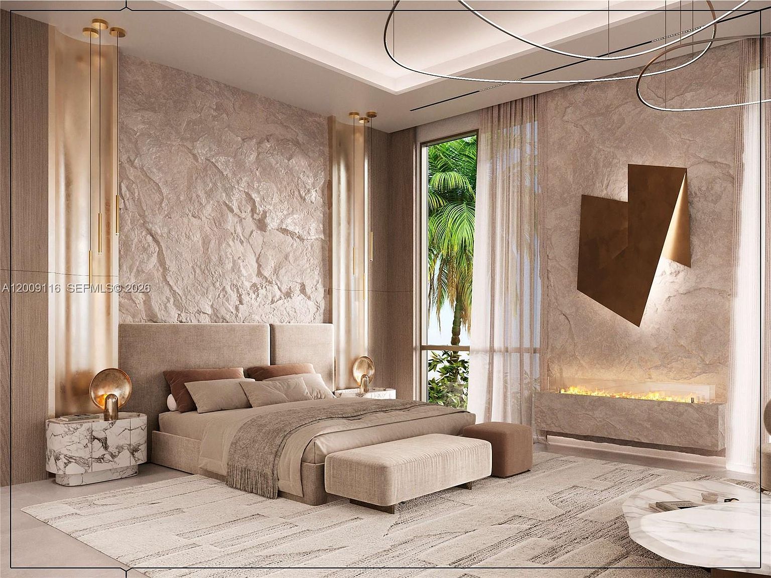 This luxurious primary bedroom features a textured stone accent wall behind the bed, complemented by warm ambient lighting from sleek pendant fixtures. A linear fireplace is integrated into a stone-clad wall feature, while large windows provide a view of lush greenery outside. The room is furnished with a plush bed, a marble-topped nightstand, and a neutral-toned area rug, creating a sophisticated and serene atmosphere.