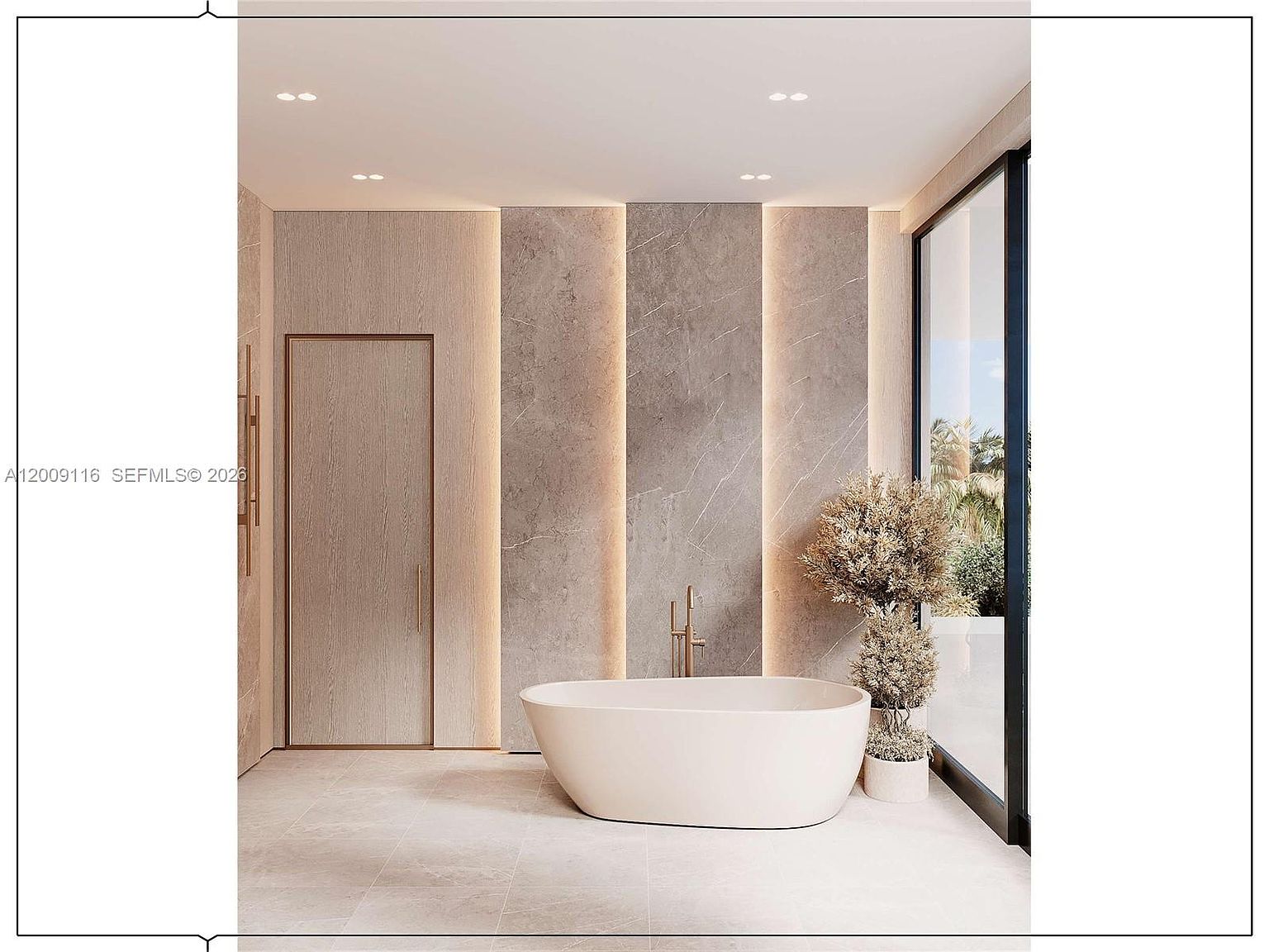 This luxurious primary bathroom features a minimalist freestanding soaking tub positioned in front of a striking stone-clad wall with integrated vertical accent lighting. To the left, a seamless door with a light wood finish blends into the wall, while a large glass panel on the right provides a view of lush greenery outside. The space is characterized by its clean lines, neutral color palette, and sophisticated modern aesthetic.