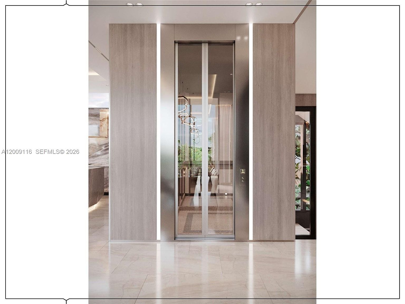 This image showcases a sleek, modern residential elevator featuring glass doors framed in polished metal. The elevator is flanked by vertical light strips integrated into light wood-toned wall panels, creating a sophisticated and minimalist aesthetic. The polished light-colored flooring reflects the ambient lighting, emphasizing the clean lines and high-end design of the entryway.