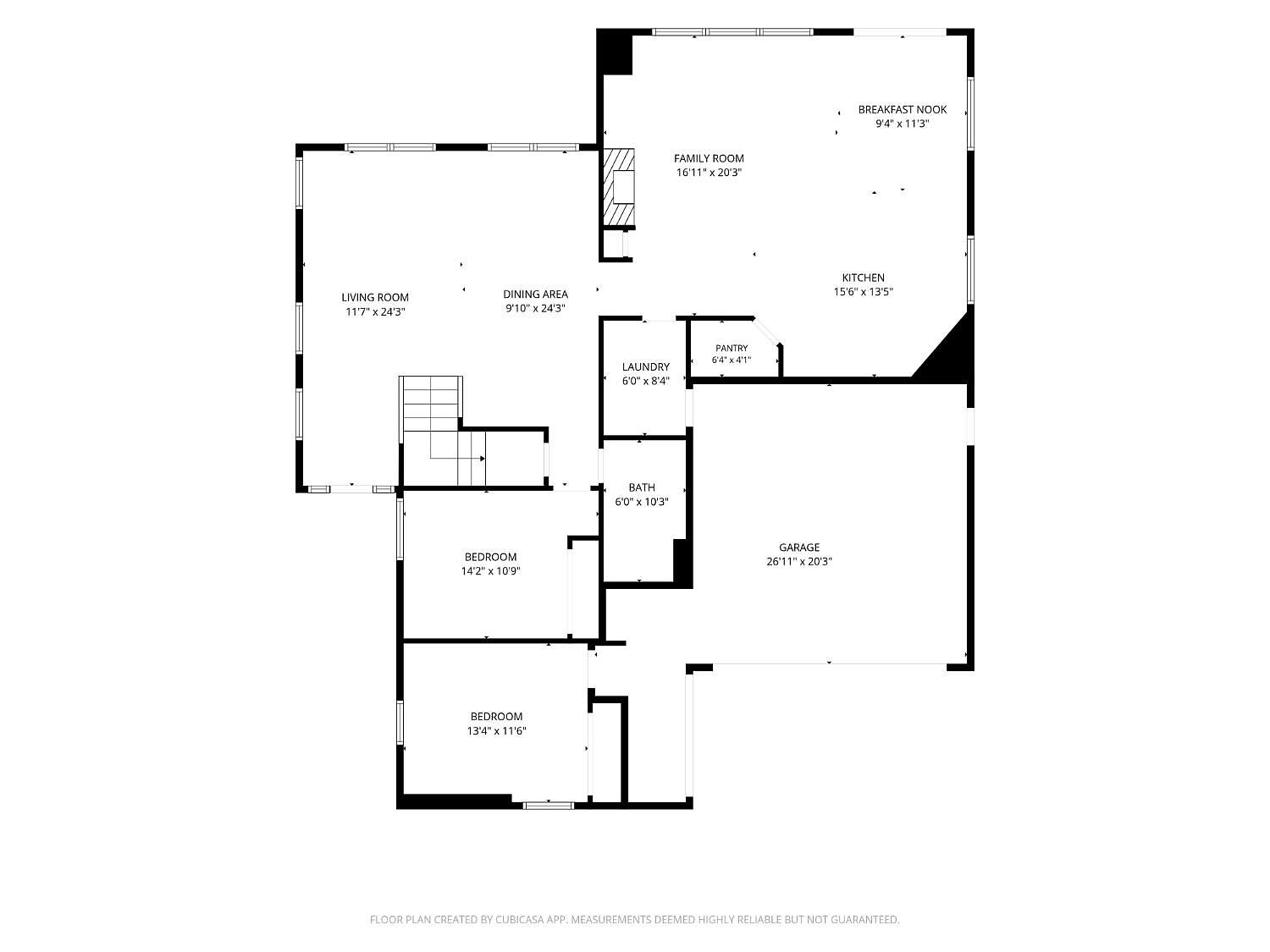 This is a 2D floor plan illustration showing the layout of a residential home. The plan includes a living room, dining area, family room, kitchen with a breakfast nook, two bedrooms, a bathroom, a laundry room, a pantry, and a large garage. The layout is presented from a top-down perspective, clearly outlining the spatial relationships between the various rooms.