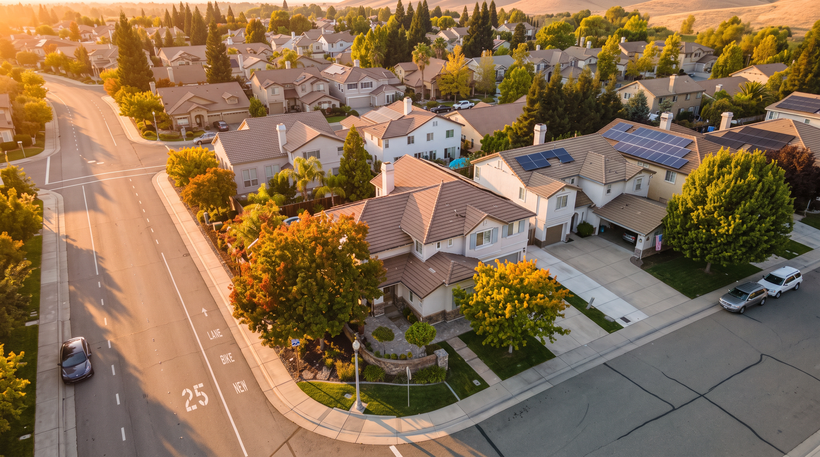 This high-angle aerial perspective captures a suburban neighborhood featuring a prominent two-story home with a multi-gabled tile roof and solar panels. The property includes a well-manicured front yard with mature trees, a paved driveway, and a corner lot location near a residential street. The surrounding area showcases a dense collection of similar single-family homes, highlighting the established and quiet nature of the community.