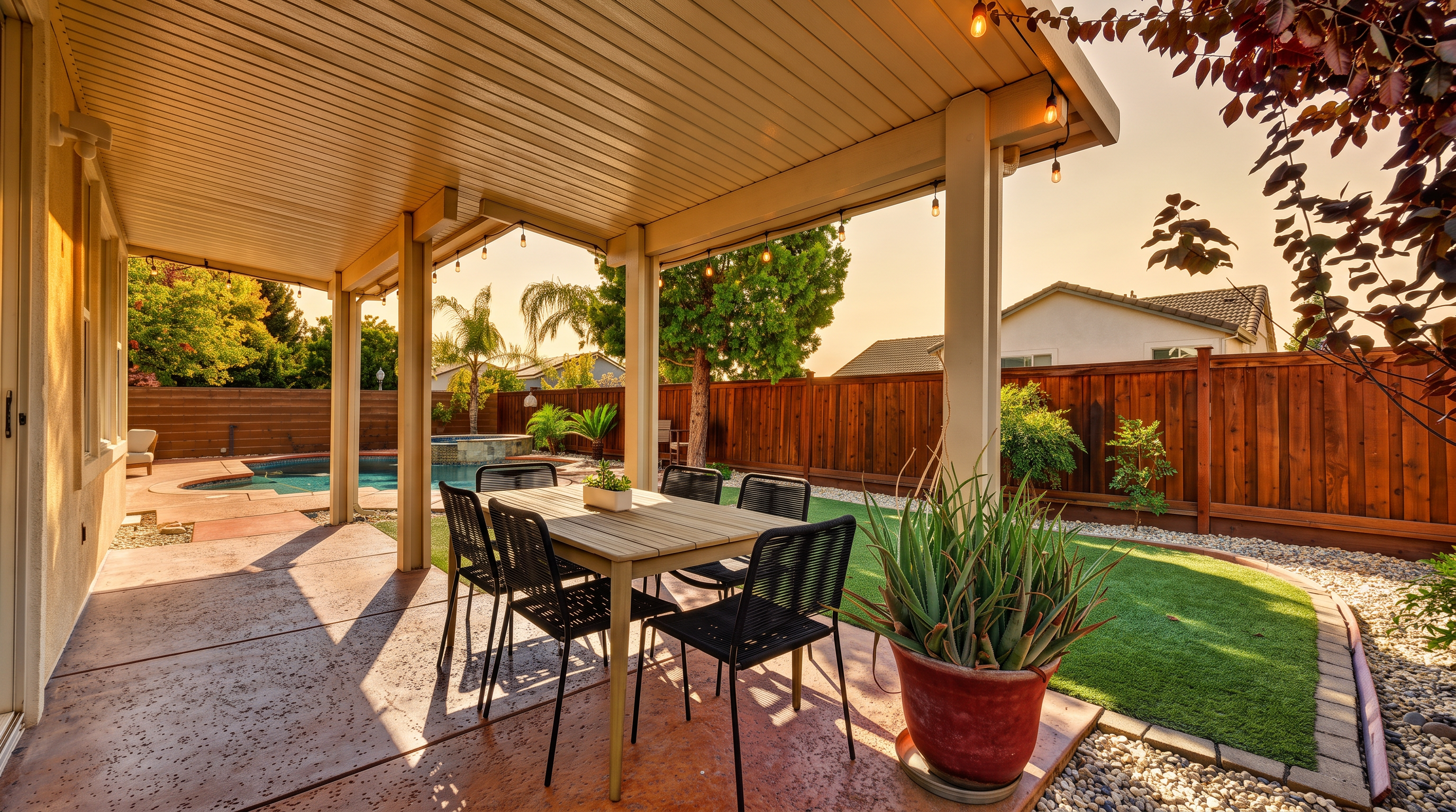 This inviting covered patio space features a light-toned wood-look ceiling and a stamped concrete floor, creating a comfortable outdoor dining area. A dining table with four black chairs sits under the shade, while a large potted plant adds a touch of greenery to the foreground. Beyond the patio, a well-maintained backyard includes a patch of artificial turf, a wooden privacy fence, and a glimpse of a swimming pool in the distance.