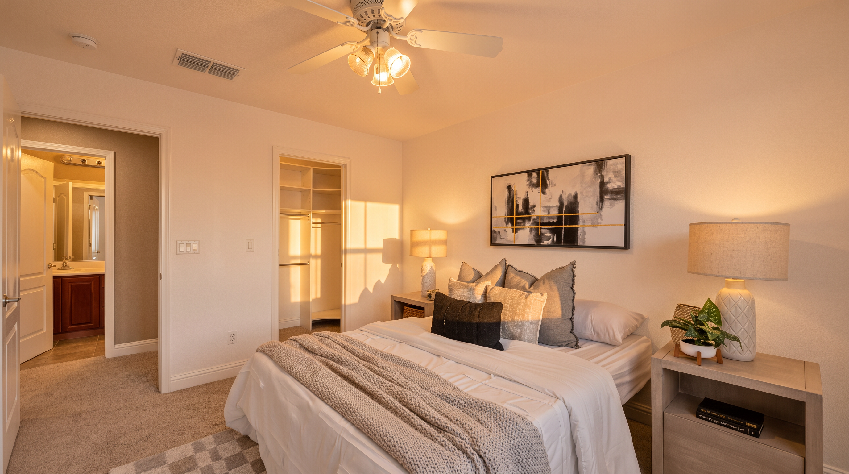 This bright and neutral guest bedroom features a queen-sized bed dressed in white linens with a textured gray throw blanket. The room is accented by two matching light-wood nightstands topped with textured table lamps and a piece of abstract wall art above the headboard. A ceiling fan provides overhead lighting, while an open doorway reveals a walk-in closet and a glimpse into an adjacent bathroom with dark wood cabinetry.