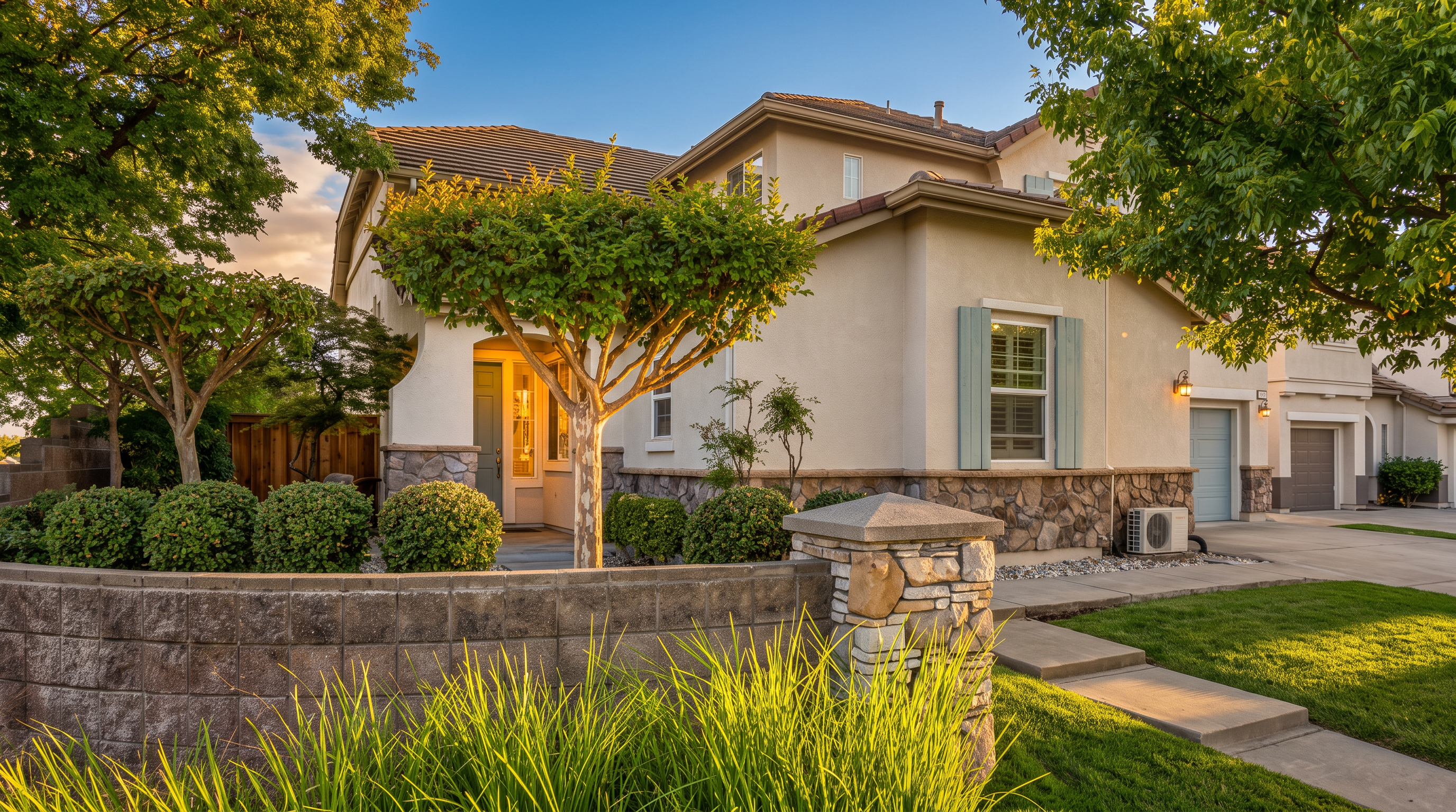 This front exterior view showcases a two-story home with a blend of light-colored stucco and stone veneer accents. The property features a welcoming entryway, a manicured front lawn, and a low stone wall that frames the landscaped garden area. Mature trees and shrubs provide a lush, inviting curb appeal under a clear blue sky.
