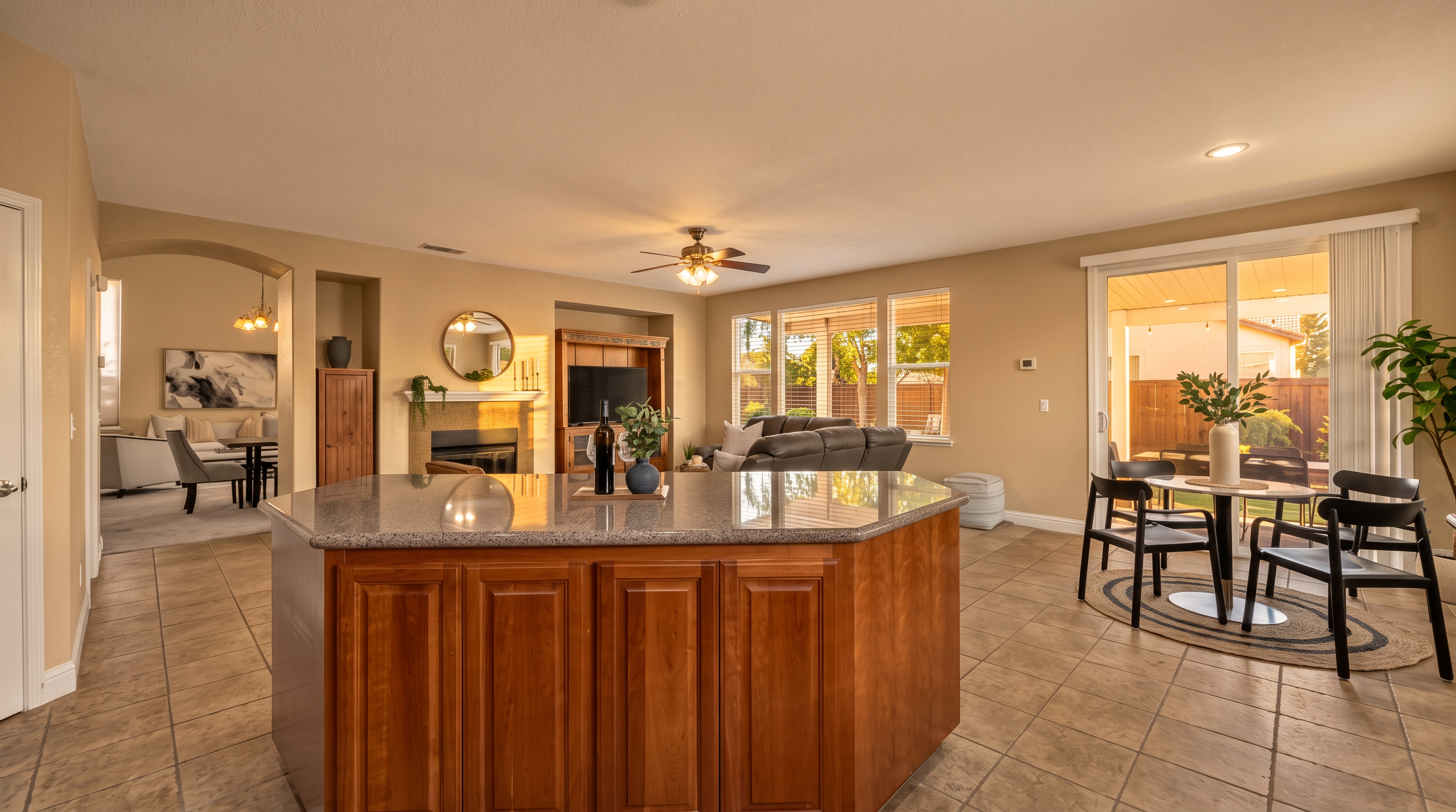 This open-concept living space features a prominent central kitchen island with a stone countertop and wood cabinetry. The area flows seamlessly into a living room with a fireplace and a dining nook adjacent to large sliding glass doors that lead to the backyard. The neutral color palette and tile flooring create a bright, cohesive, and inviting atmosphere suitable for modern living.
